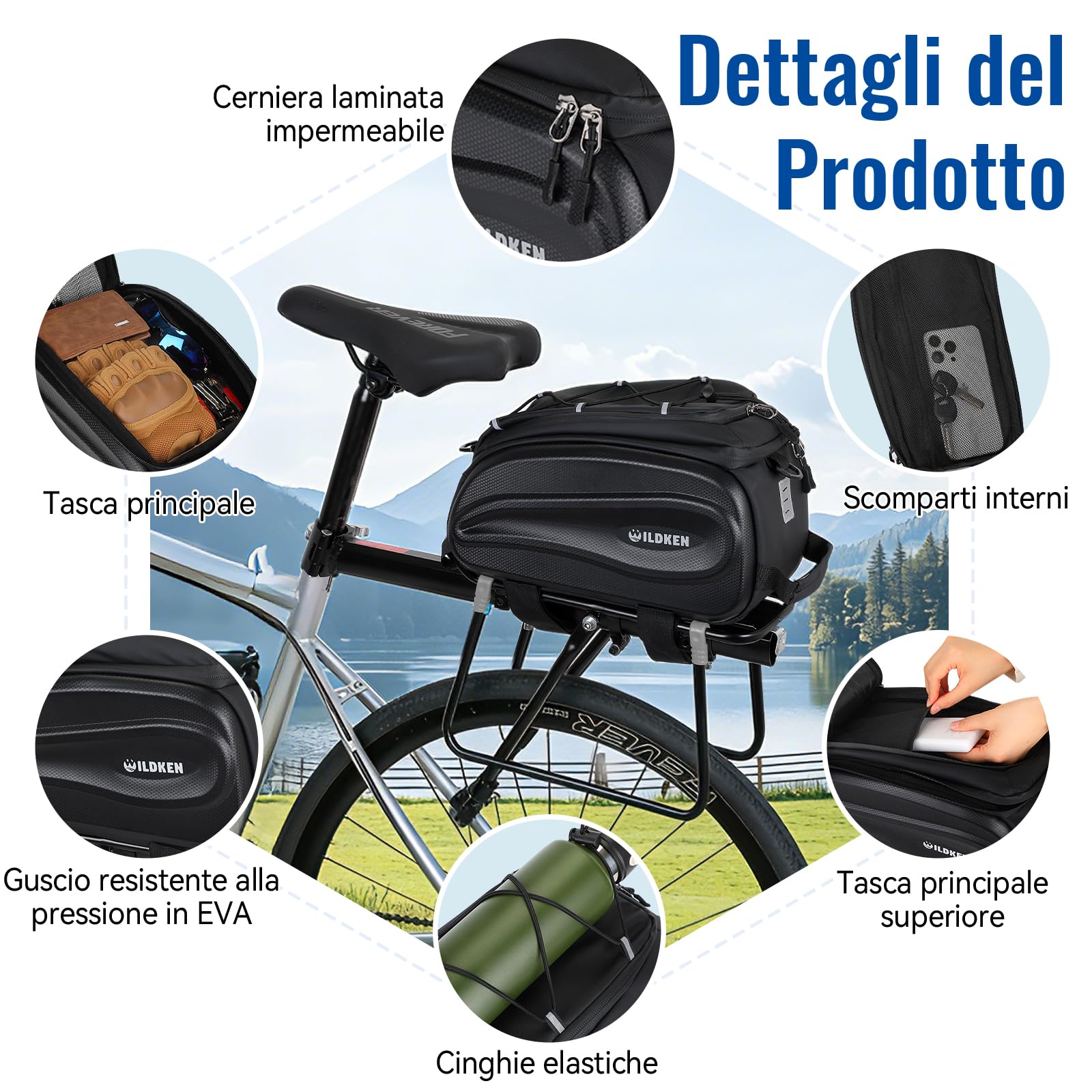 WILDKEN Borsa Portapacchi Bici Posteriore, 12L Nero Impermeabile e Riflettente Borse Portapacchi Bici, con Maniglia e Cinghia Regolabile, Borse per Bicicletta Posteriori per MTB, Bici da Strada