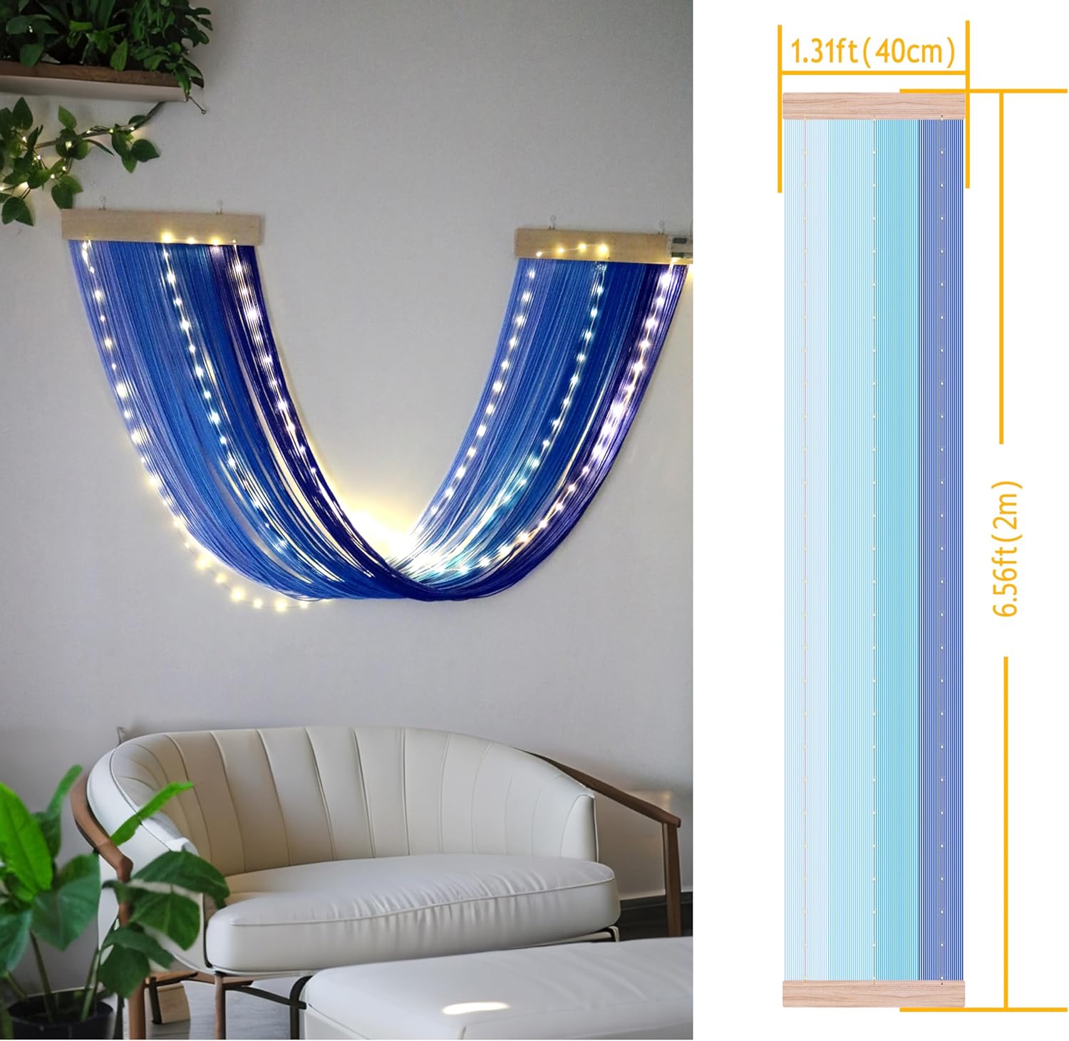OakHaomie Macrame Fairy Lights Battery Operated with Remote,Large Macrame Wall Hanging with 20ft 100 LED String Lights, Blue Gradient Warm White Light for Living Room,Bedroom,Christmas,Holiday Deco