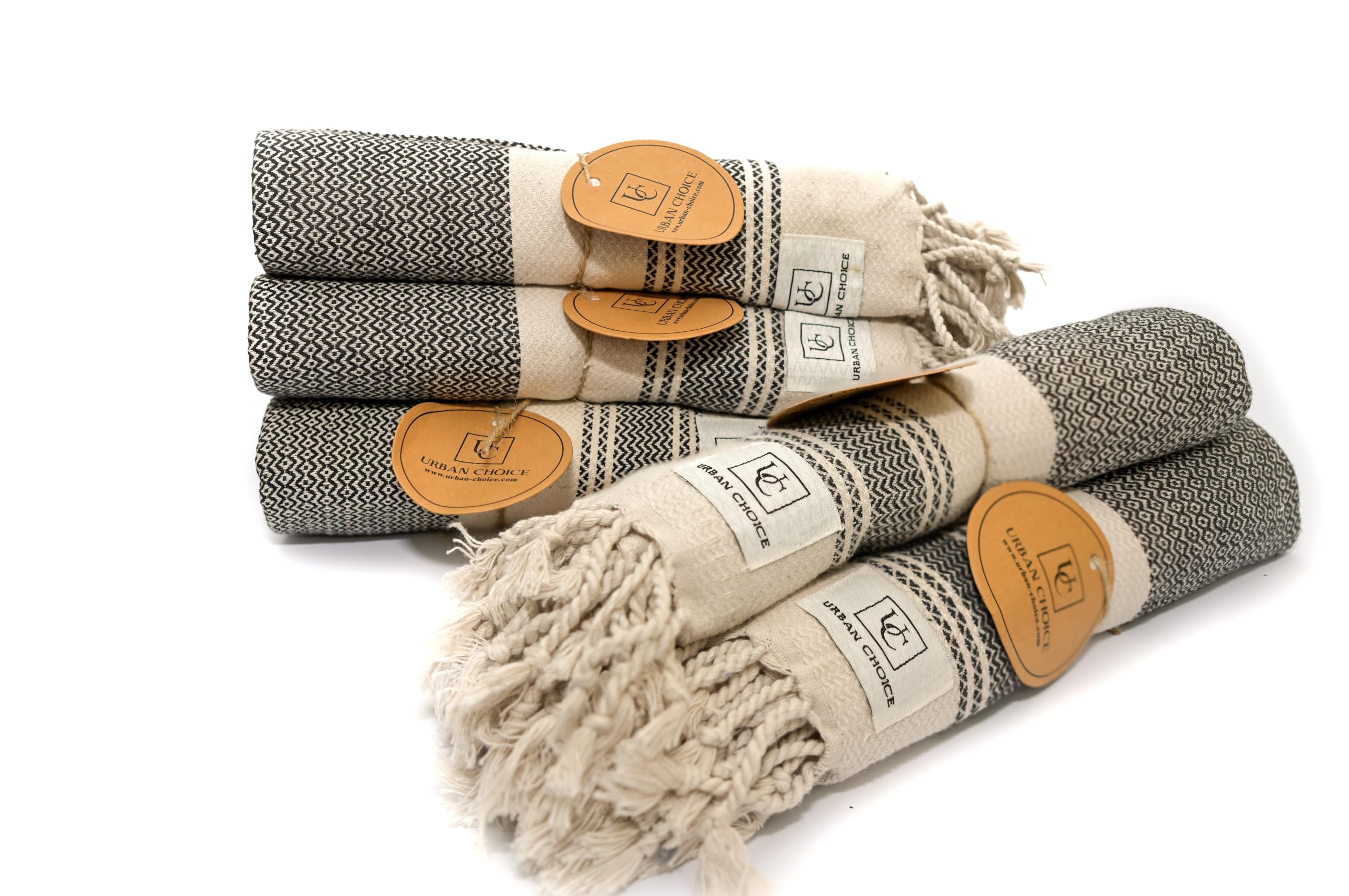 URBAN CHOICE Set of 6 - Turkish Kitchen Towels, Prewashed, 18" x 28", 100% Cotton, Decorative Kitchen & Dish Towels, Tea Towels, with Hanging Loop (Black, 6 Pack - Diamond)