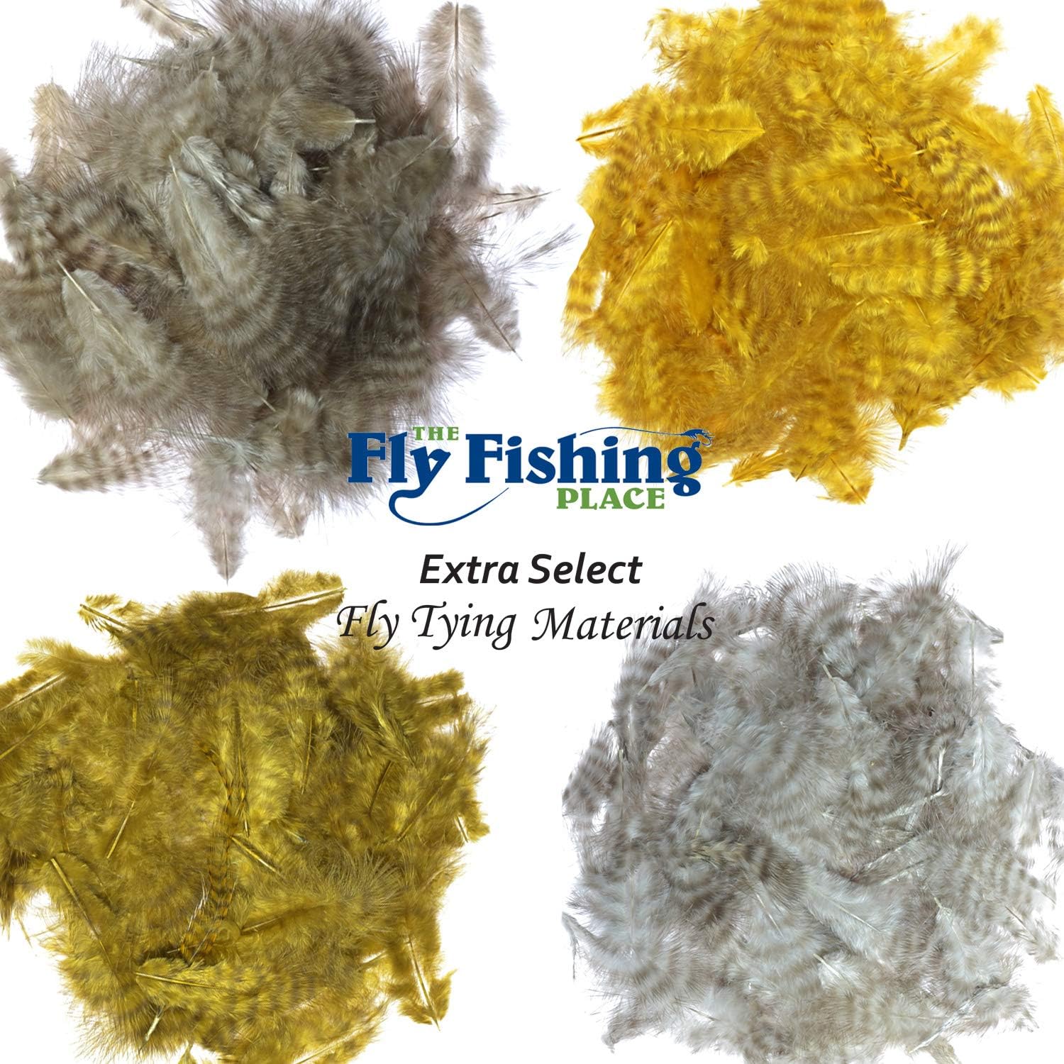 The Fly Fishing Place Fly Tying Materials - Select Grizzly Mini Marabou Chickabou Master Pack - 4 Colors - Yellow Sand Sculpin Olive Natural