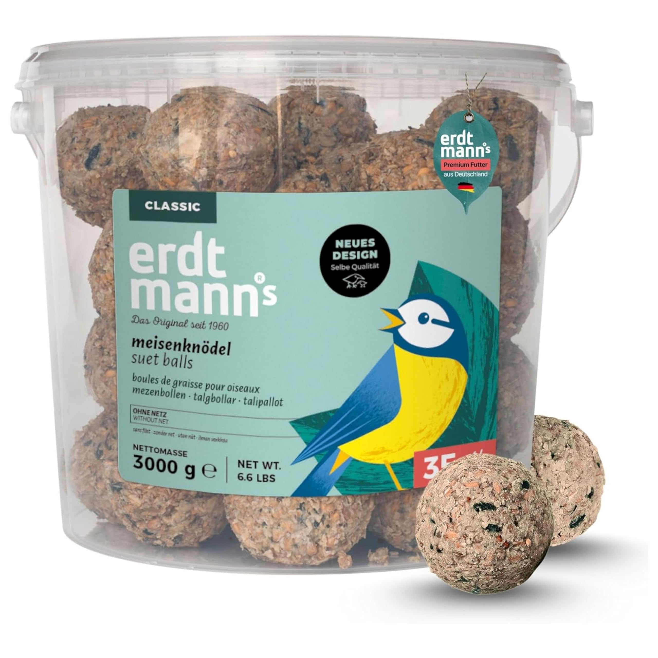 Erdtmanns Meisenknödel ohne Netz 35 Stück im Eimer 3 kg – Wildvogelfutter mit Getreideflocken & Sonnenblumenkernen – umweltfreundlich & ganzjährig – ohne Plastiknetz