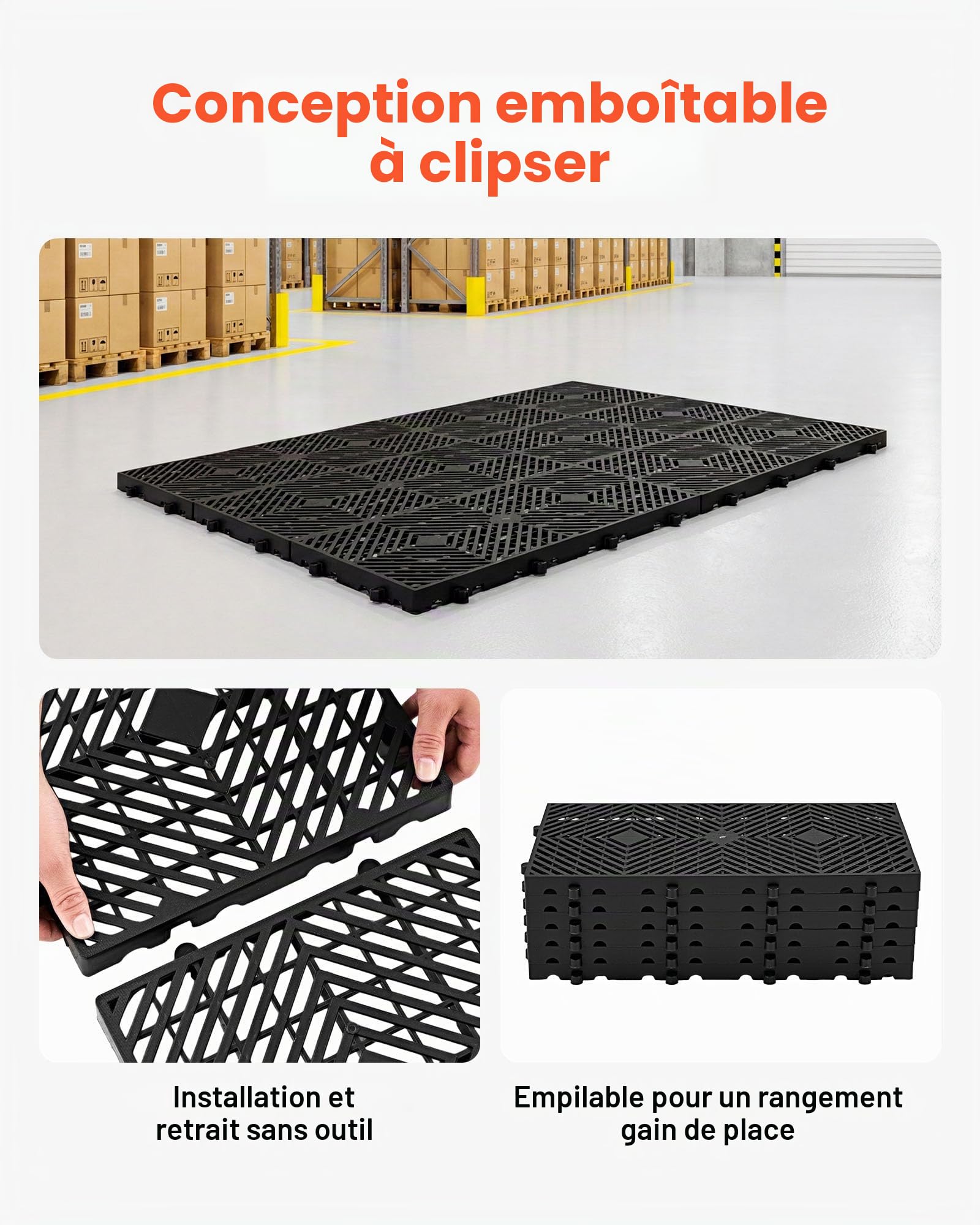 VEVOR Palettes en Plastique Emboîtables Lot de 6, Palettes de Sol Empilables avec Grille Respirante, Résistantes à l'Humidité, Charge Max. 1000 kg/m², pour Sous-Sol et Entrepôt, 600x300x30 mm, Noir