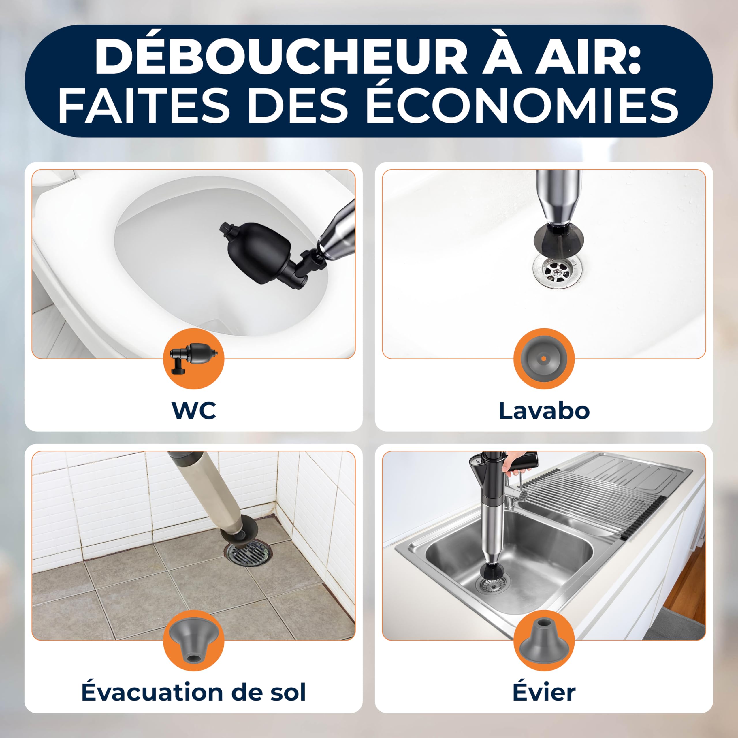 DRAINIX PRO | Déboucheur Canalisation à Air Comprimé, Ventouse Déboucheur WC, Évier et Douche pompe professionnel pour Déboucher Canalisation, Siphon et Tuyaux + notice en FRANCAIS