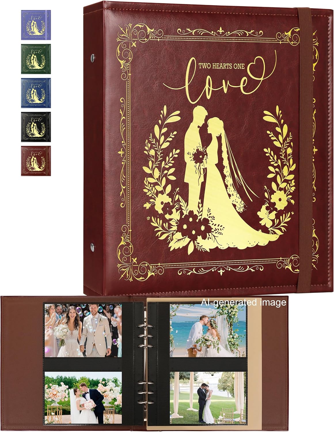 Wedding Photo Album 4x6 Pictures with Writing Space,Two Hearts One Love Vintage Faux Leather Photo Album for Wedding Bridal Shower Anniversary (Green)
