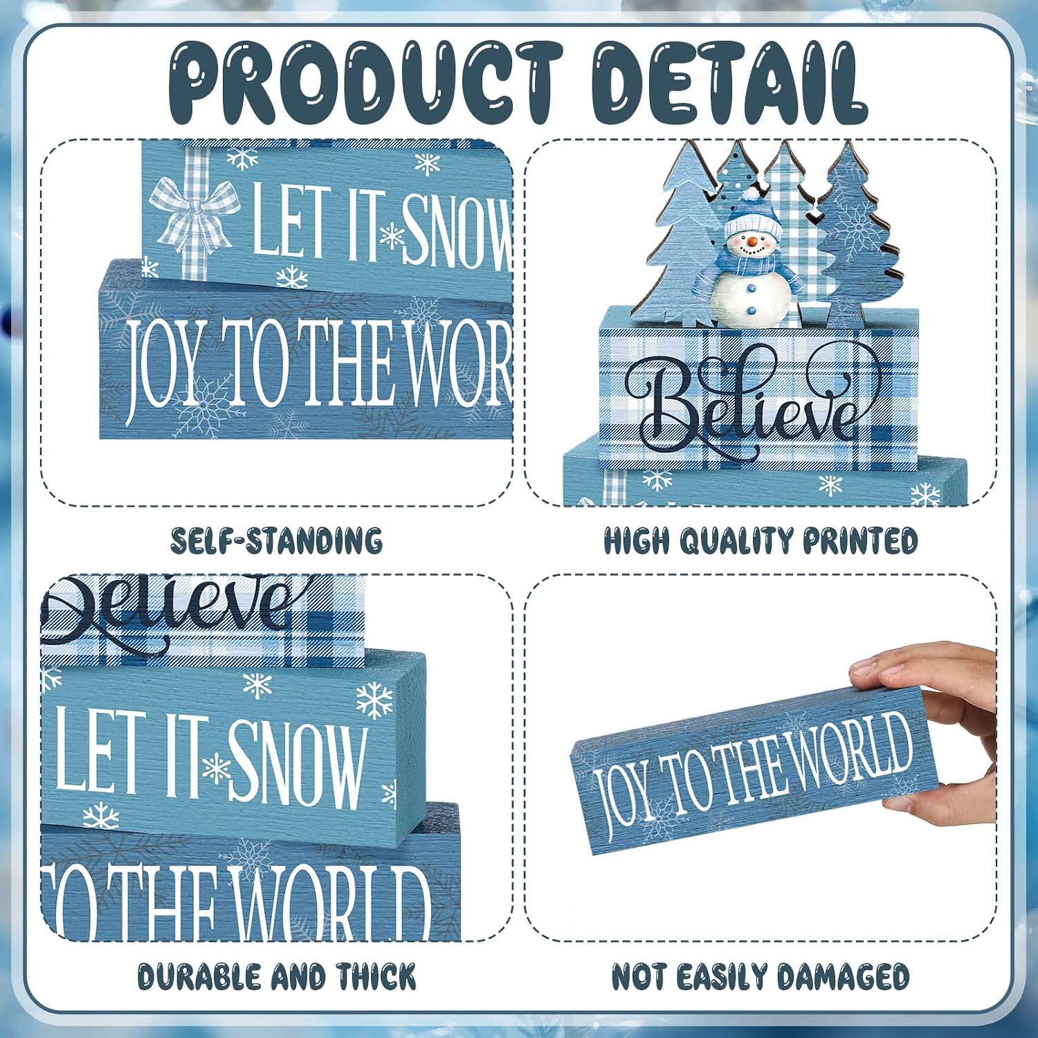 4 Pcs Christmas Blue Snowman Decoration Wooden Tiered Tray Decor image 4