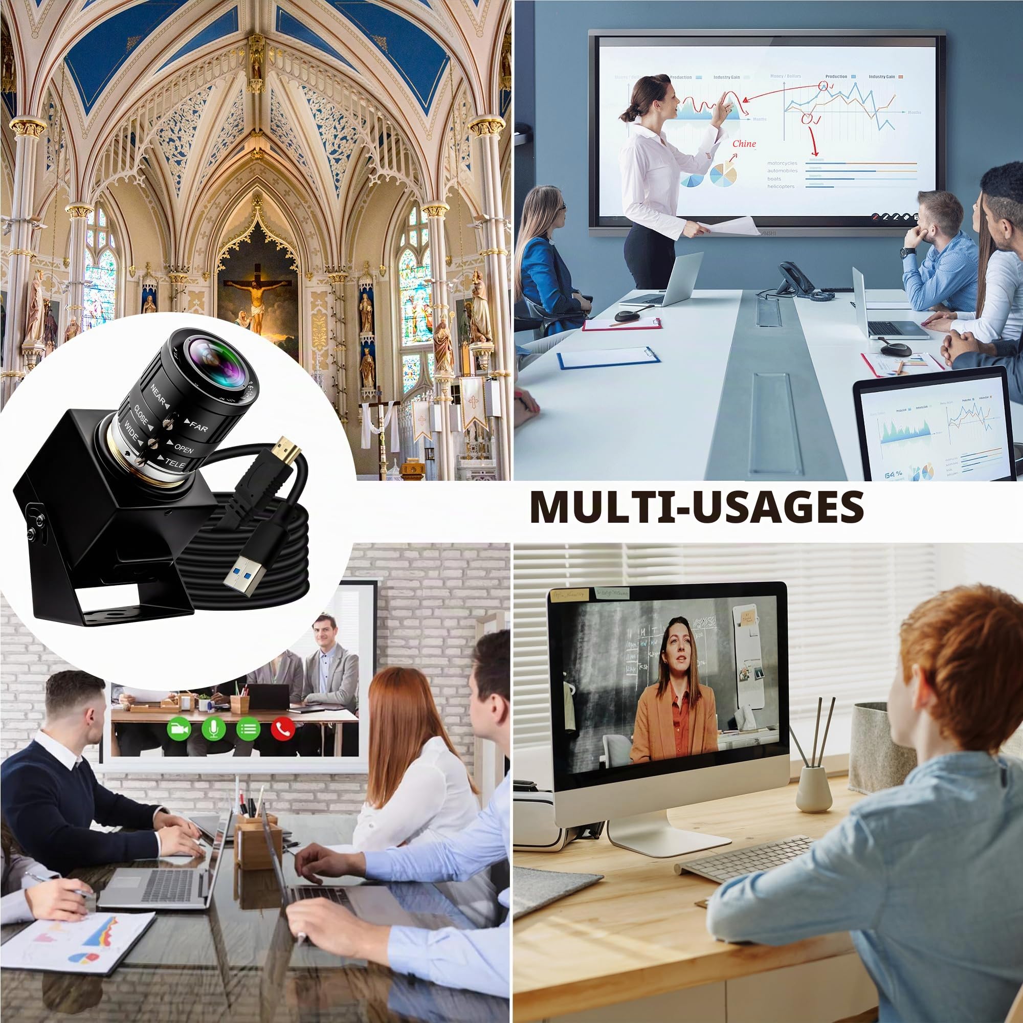 ELP Caméra USB 4K 60fps Haute Vitesse - Sortie Simultanée HDMI, Objectif Zoom Manuel 3,6-10 mm 3X pour PC, TV, Projecteur, Moniteur - Application Industrielle