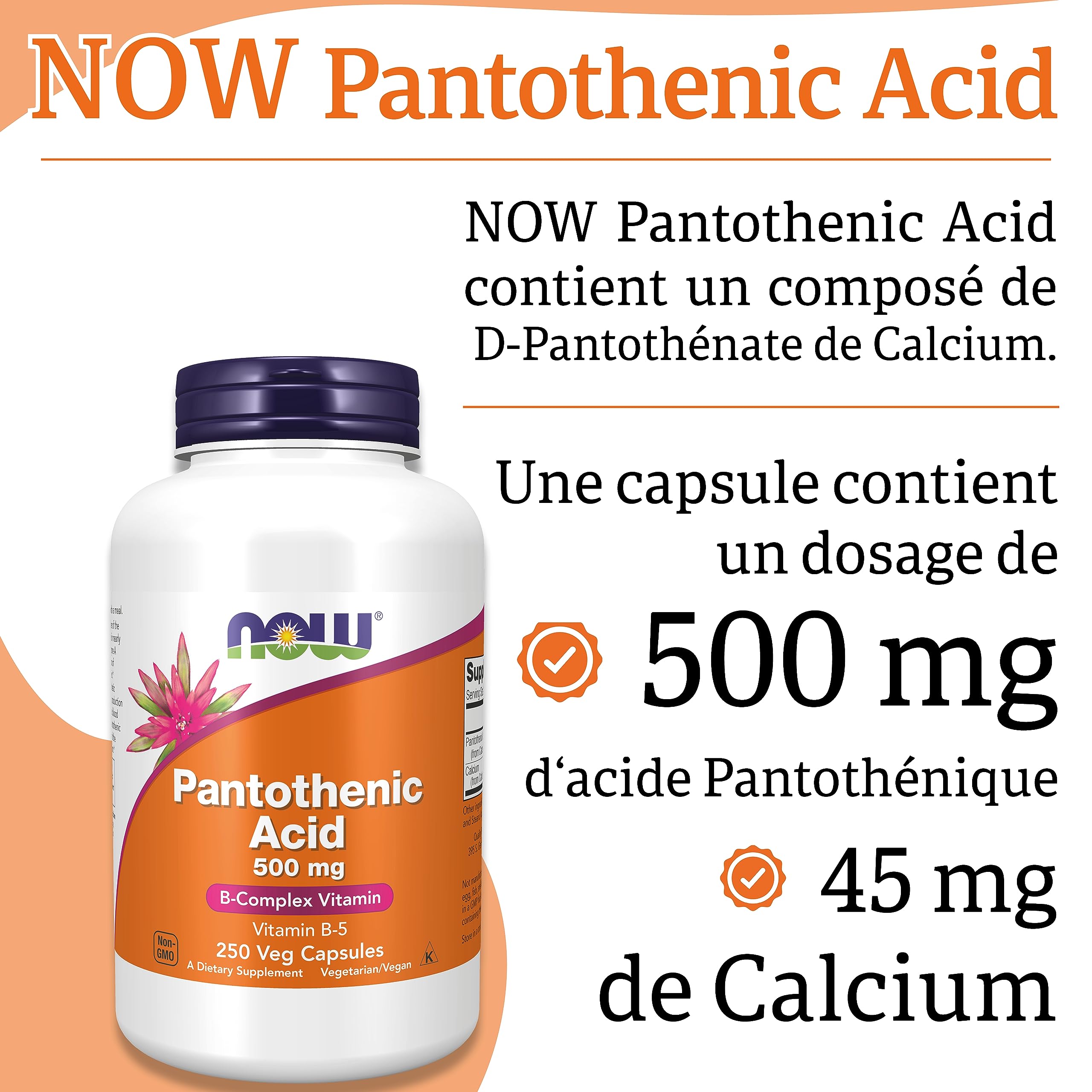 Now Foods, Pantothenic Acid (Acide Pantothénique), 500 mg, 250 Gélules végétales, Testé en Laboratoire, Vitamine B5, Haute Dose, Sans Gluten, Sans Soja, Végétarien