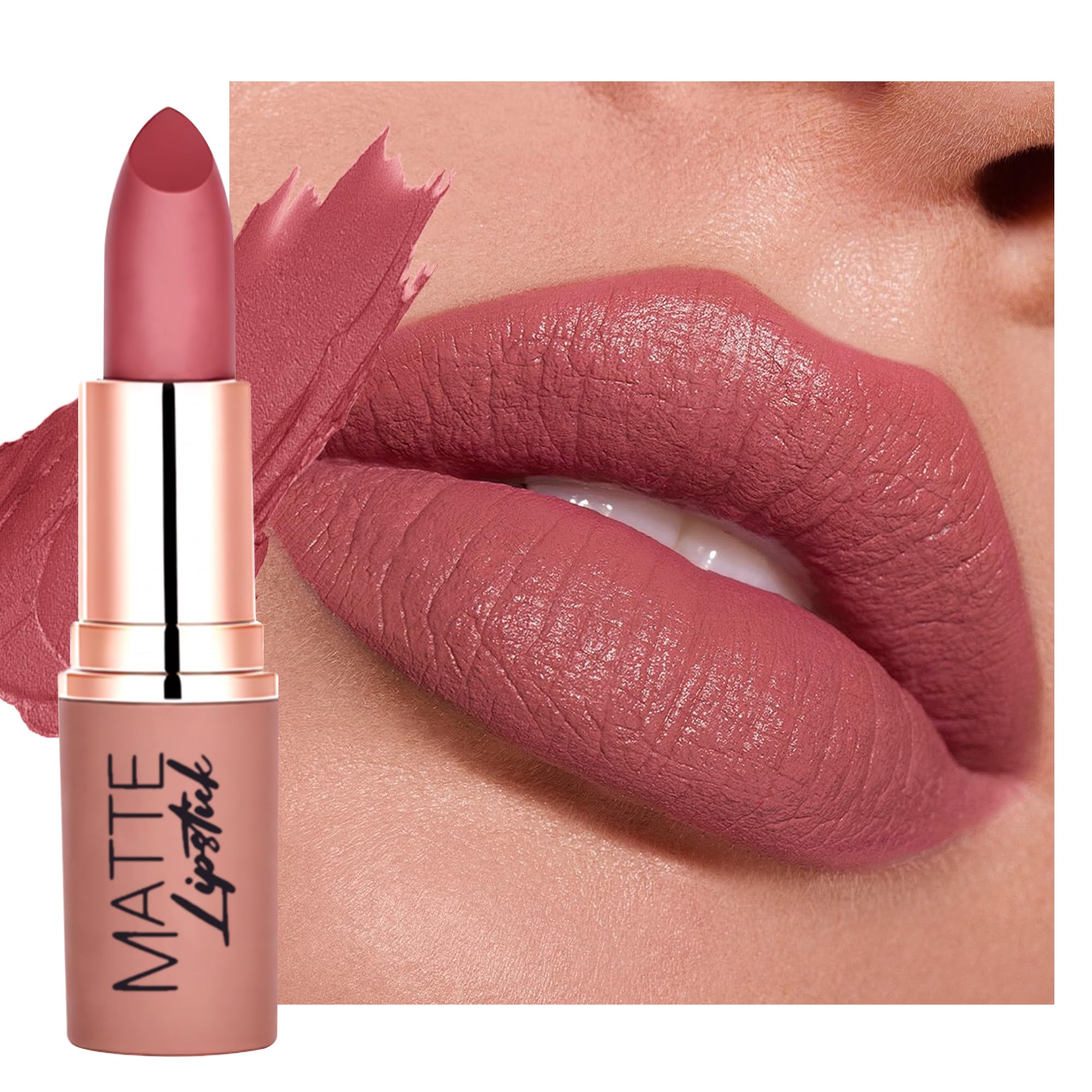 Matte Velvet Lipstick Long Lasting, Rose Pink Cream Lipstick for Women 01# Rose Pink