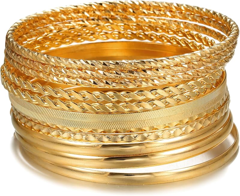 Gold Bangles for Women, 12 Pcs Boho Stackable Bracelets Multi Layer Textured Chunky Bracelets Jewelry Set for Women
