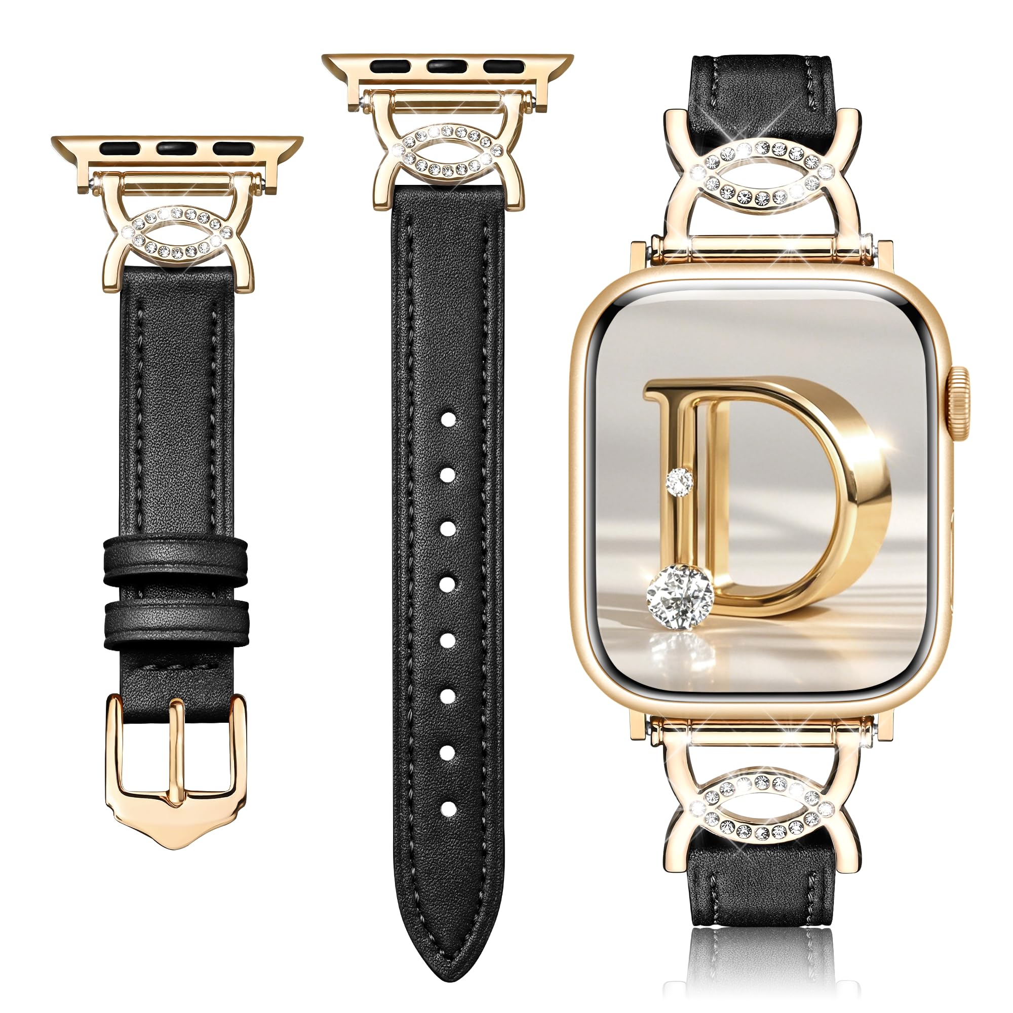 Pleixiu Leather Band Compatible with Apple Watch Bands for Women 38mm 40mm 41mm 42mm 44mm 45mm 46mm 49mm, Dressy Slim Strap with Fancy Bling Metal Design for iWatch Series 10 9 SE 8 7 6 5 4 3 2 1-Black/Rose Gold