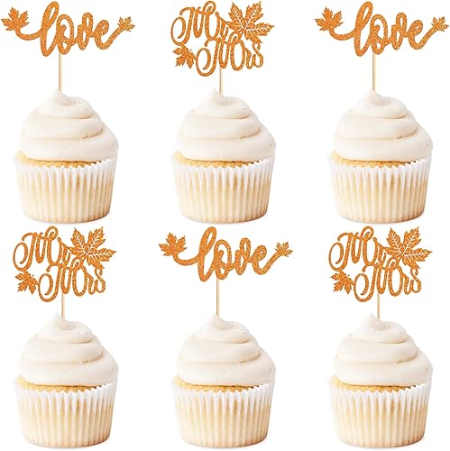 Ercadio Paquete de 24 adornos para cupcakes de otoño y otoño, con purpurina naranja, hojas de arce, palillos para cupcakes para otoño, cosecha de