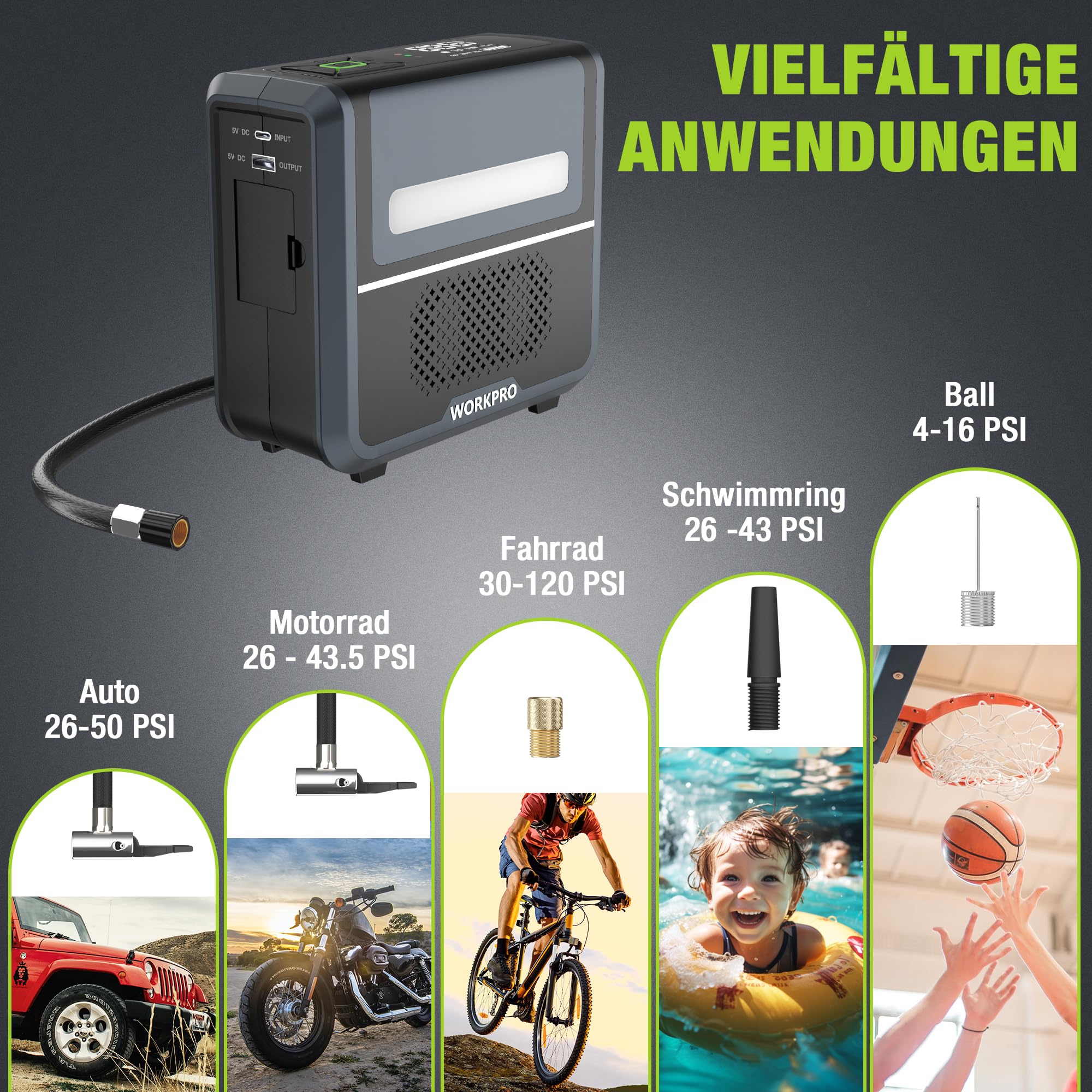 WORKPRO Kabellose Elektrische Luftpumpe 3-in-1 mit LED-Licht, Powerbank, Akku Kompressor mit Display & Abschaltautomatik, für Auto, Fahrrad, Motorrad, Bälle – USB & 12V Ladeoption | Digitales Display und automatische Abschaltung zum Aufpumpen von Auto, Mo