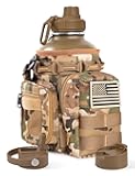 Tactical Half Gallon Water Bottle with Straw, 64 oz Insulated Water Jug with Molle Sleeve, Stainless Steel Sport Bottle with 3 BPA Free Lids for Gym Workout Hiking (Brown, 64OZ)