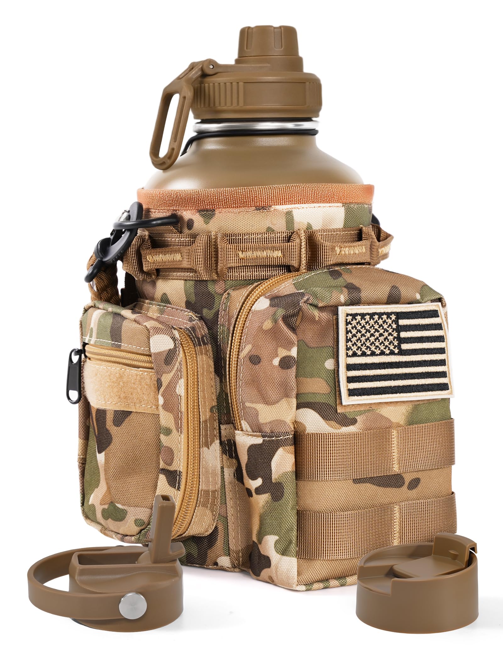 banloga Tactical Half Gallon Water Bottle with Straw, 64 Oz Insulated Water Jug with Molle Water Bottle Holder, Stainless Steel Sport Bottle with 3