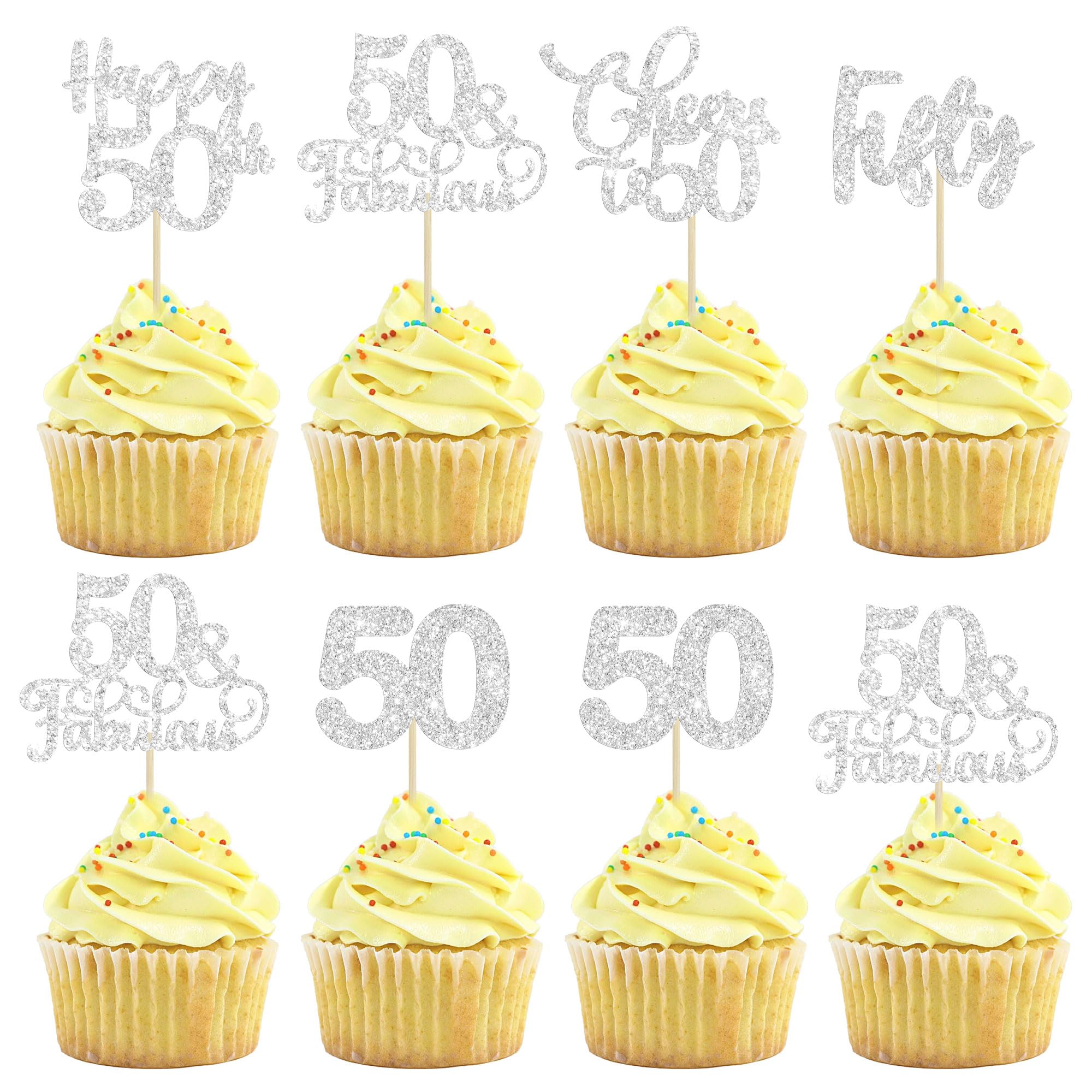 30 Pack Happy 50th Birthday Cupcake Toppers Silver Glitter Fifty Cheers to 50 Years Old Birthday Cupcake Picks for Anniversary Party Cake Decorations
