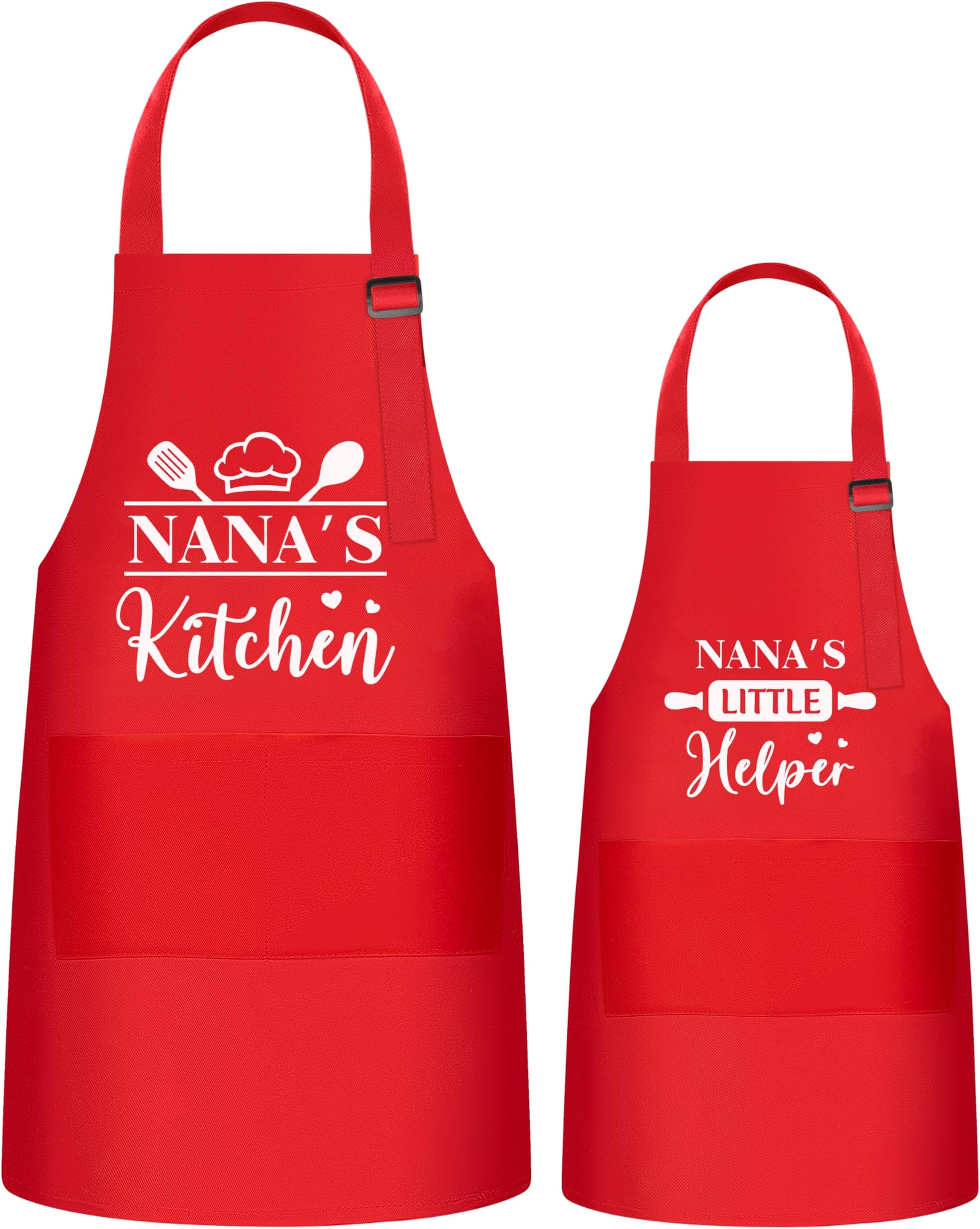 Kids Adult Apron Set - 2Pcs Grandma and Kids Adjustable Strap Waterproof Apron with 2 Pockets, Grandma Birthday Gift Nana's Kitchen Pattern Smocks for Baking Cooking Training