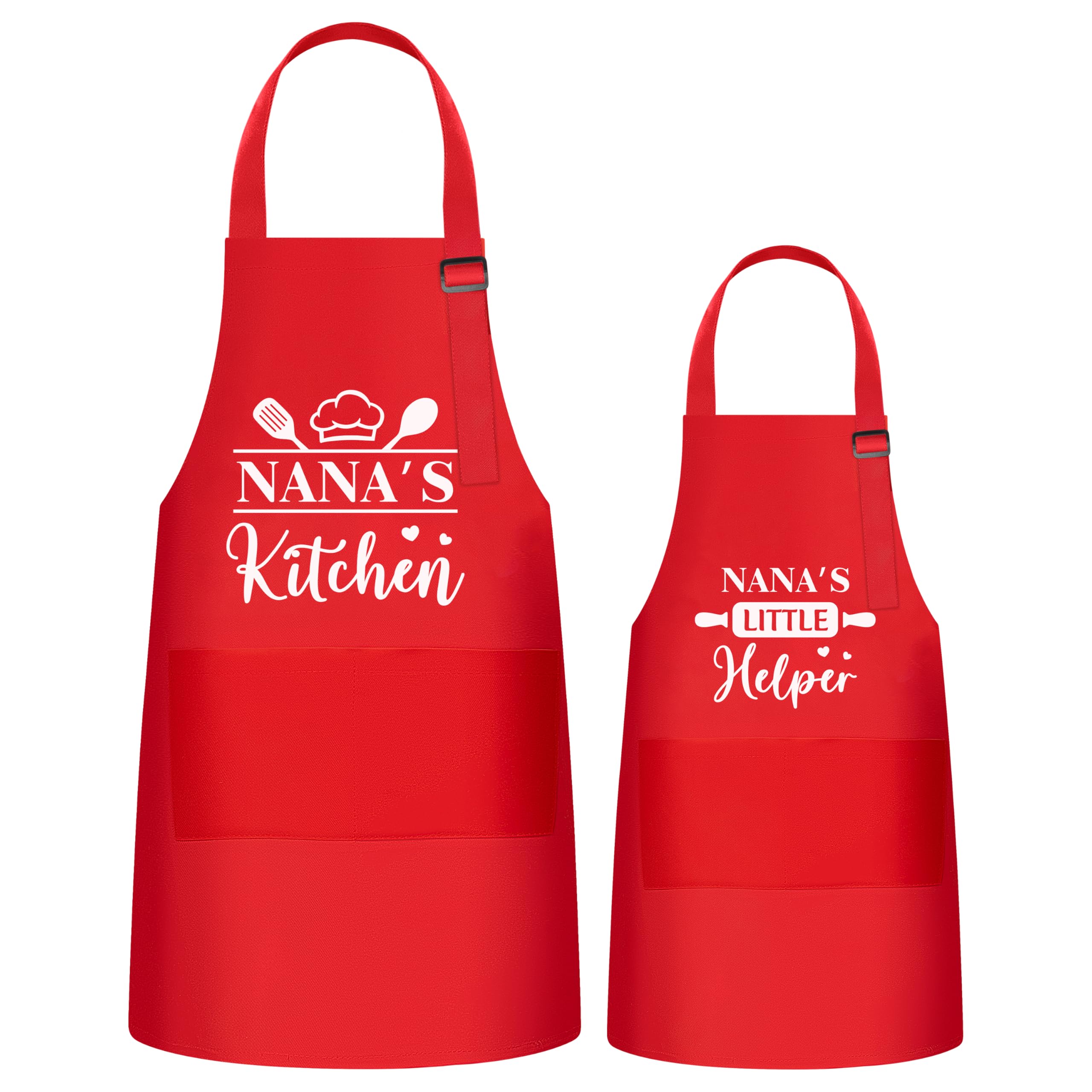 GROBRO7 2Pcs Kids Adult Apron Set Gift for Grandma Girls, Red Nana's Kitchen and Little Helper Pattern Adjustable Kitchen Aprons with 2 Pockets Waterproof Smocks for Baking Cooking Painting Training