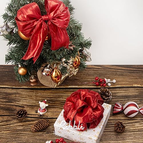 Miniatura 7 de Ribbli Cinta de alambre arrugada rosa champán con borde metálico, cinta de Navidad rosa para guirnaldas, coronas, lazo superior, guirnaldas,