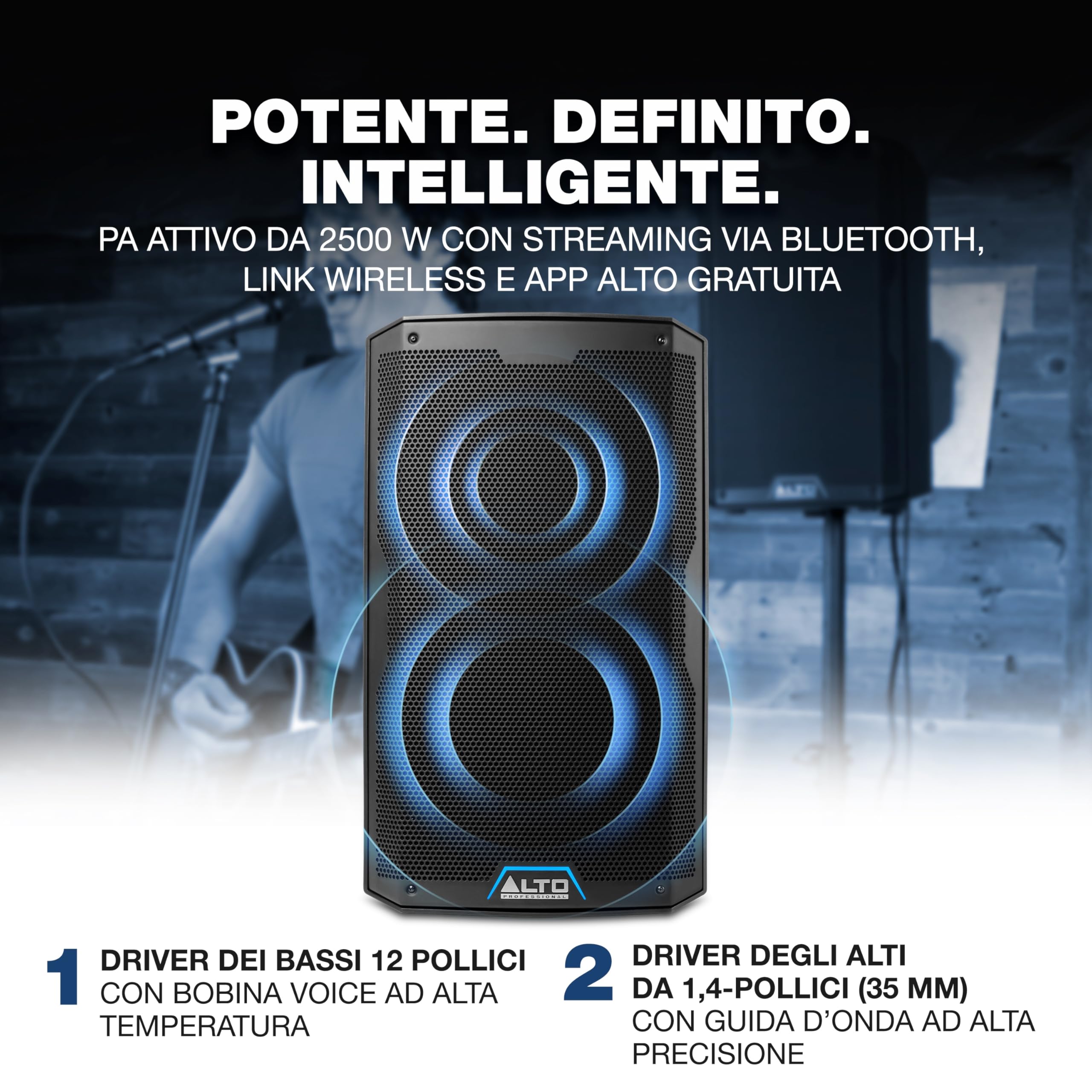 ALTO TS412 Cassa Amplificata Attiva da 12" e 2500W, Potente con Bluetooth, Mixer a 3 Canali, Connessione tra Altoparlanti Wireless, DSP e App