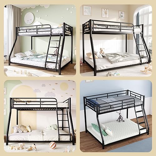 Miniatura 5 de Litera de metal, litera individual sobre matrimonial con barandilla de seguridad y escalera, literas resistentes tamaño individual sobre matrimonial