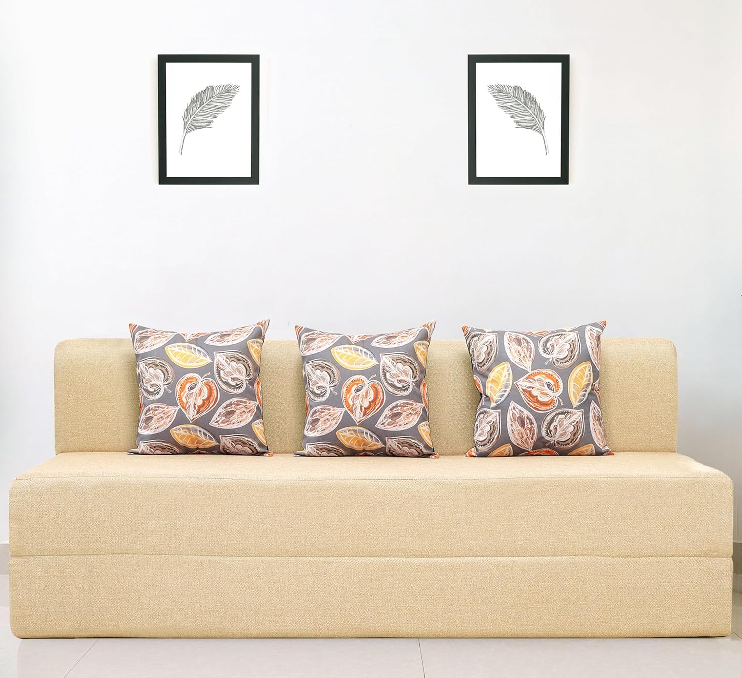 uberlyfe 3 Seater Sofa Cum Bed | Jute Fabric Washable Cover | 3 Cushions Fall Leaves Pattern | Beige | 6.5′ X 6′ Feet uberlyfe 3 Seater Sofa Cum Bed | Jute Fabric Washable Cover | 3 Cushions Fall Leaves Pattern | Beige | 6.5′ X 6′ Feet