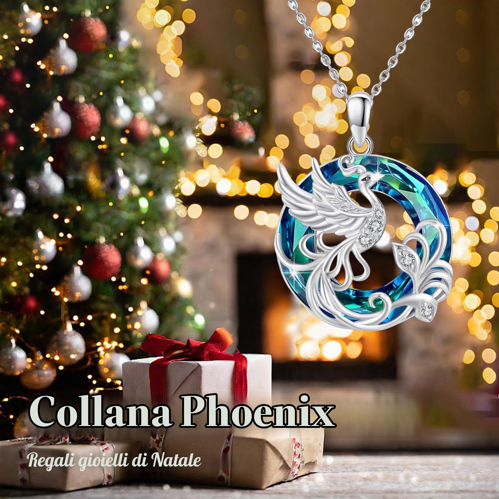 Collana Fenice da Donna, Pendente Fenice con Cristalli Austria Argento Sterling 925 Nirvana Phoenix Gioielli Regali per Natale Compleanno