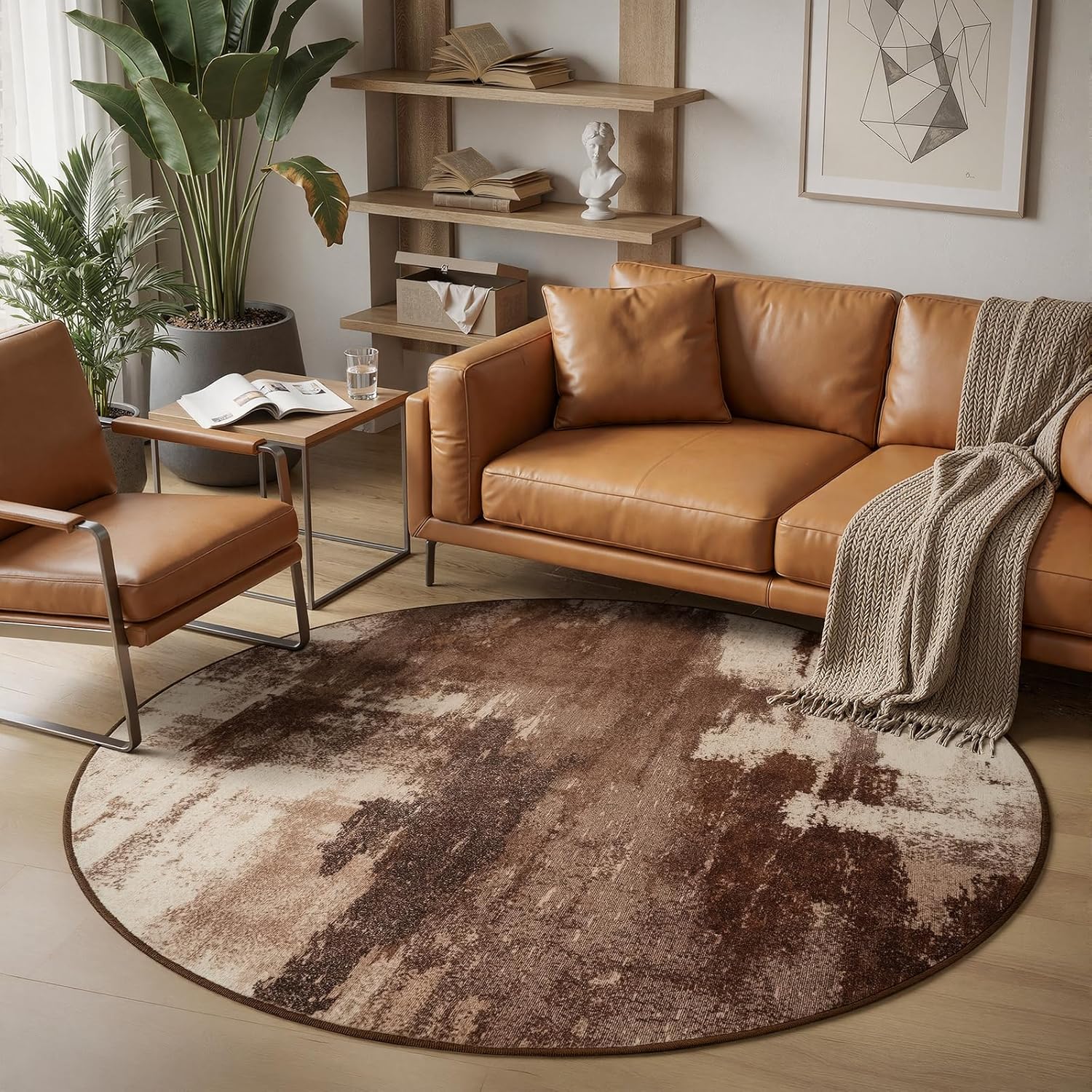 Merelax 4ft Round Brown Abstract Area Rug, Washable Non Slip Circle Rug for Entryway, Kitchen, Bedroom, Bathroom, Nursery, Living Room, Thin Soft Circular Rugs Indoor Décor, Low Pile Carpet, Coffee