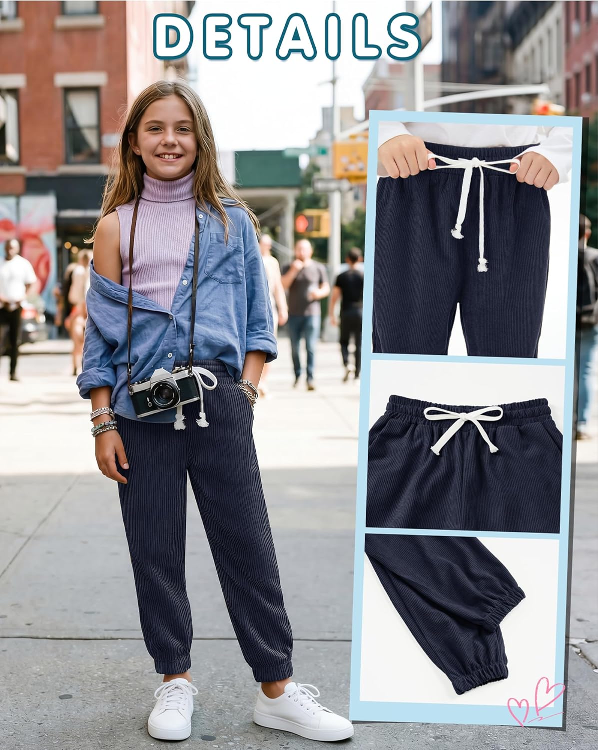 3 Pack Girls' Boys Sweatpants Corduroy Drawstring Athletic Joggers Kids Lightweight Uniform Pants with Pockets - Image 4