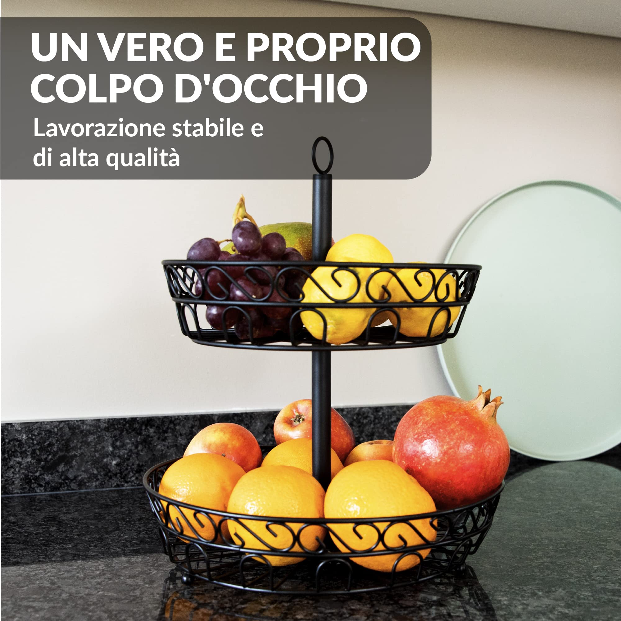 Chefarone Portafrutta a 2 Piani in Metallo Nero Vintage – Alzatina Portafrutta da Tavolo – Cestino Frutta e Verdura Salvaspazio per Cucina e Sala da Pranzo – Design Elegante e Robusto