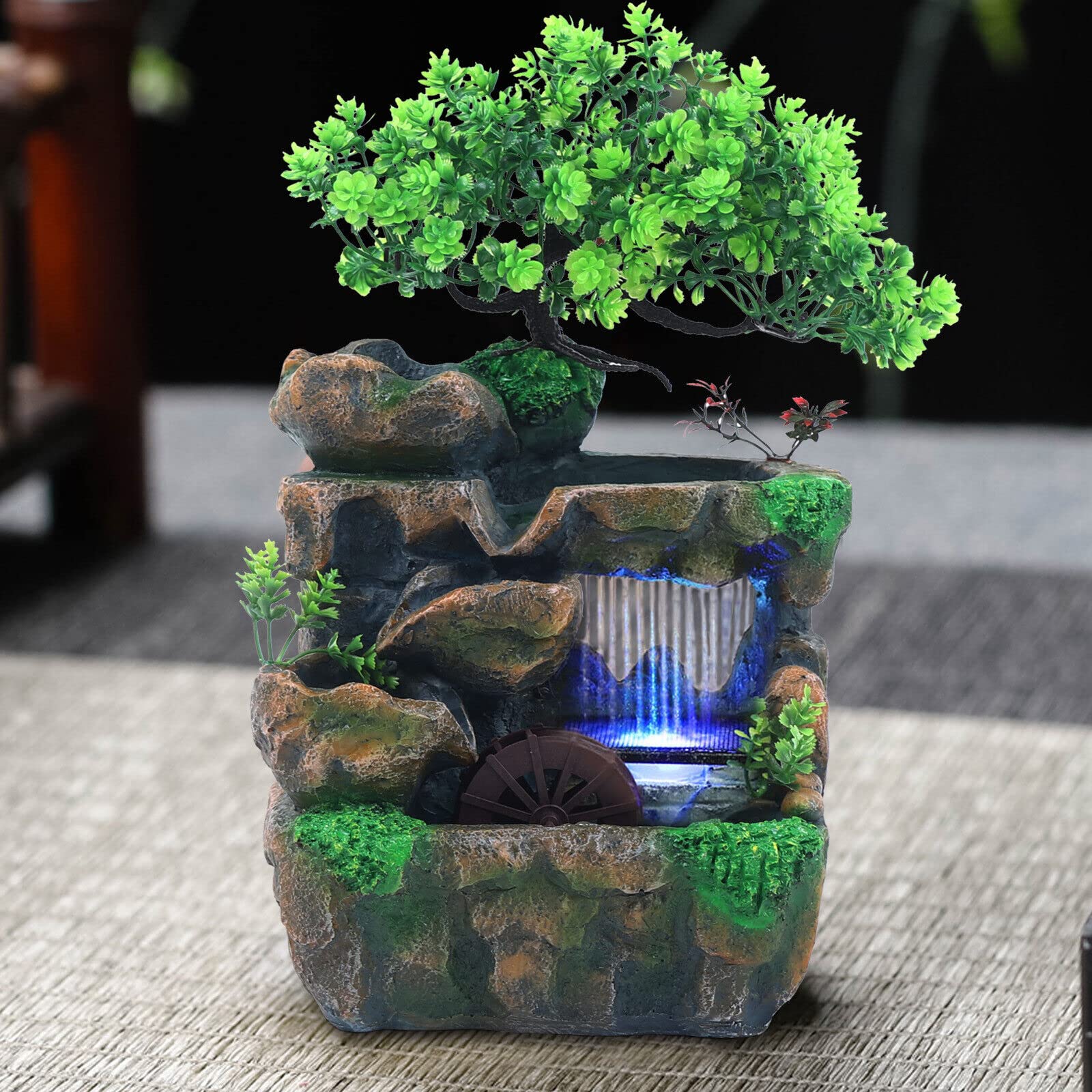 Indoor Water Fountain with LED Light Cascading FengShui Waterfall Ornament 11.8