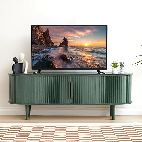 Miniatura 64 de Soporte de TV, mesa consola multimedia con puerta corredera y compartimento de almacenamiento, centro de entretenimiento moderno con almacenamiento