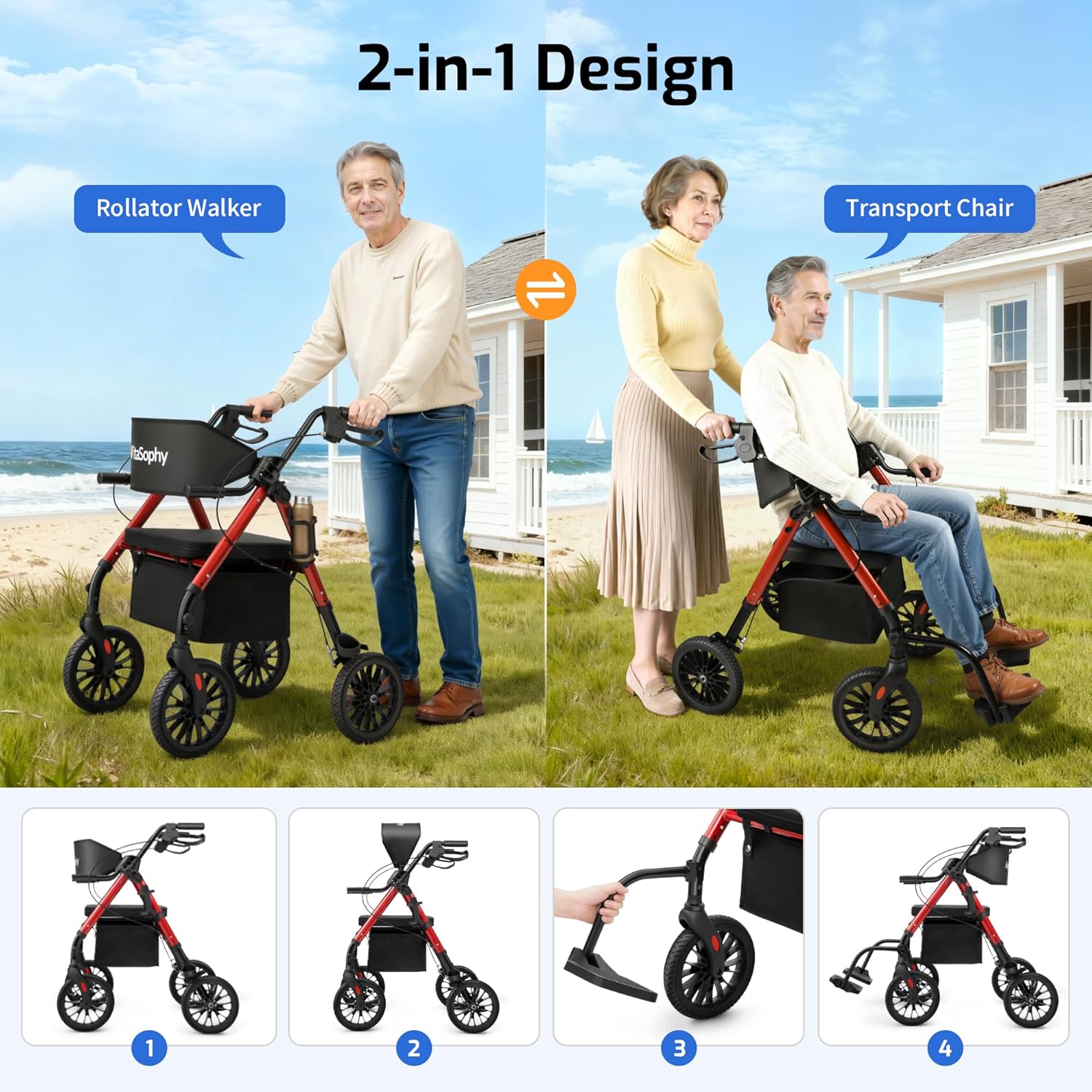 2 in 1 rollator walker for seniors with seat, walker wheelchair combo, transport-wheelchair-lightweight-foldable with adjustable seat and handle, 300 lb. weight capacity, red