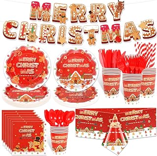HOWAF 162pcs Gingerbread Christmas Disposable Tableware Set Party Supplies,Gingerbread Man Dinnerware Include Paper Plates Cups Napkins Tablecloth Banner Cutlery Straw for Xmas Winter Decor, Serves 20