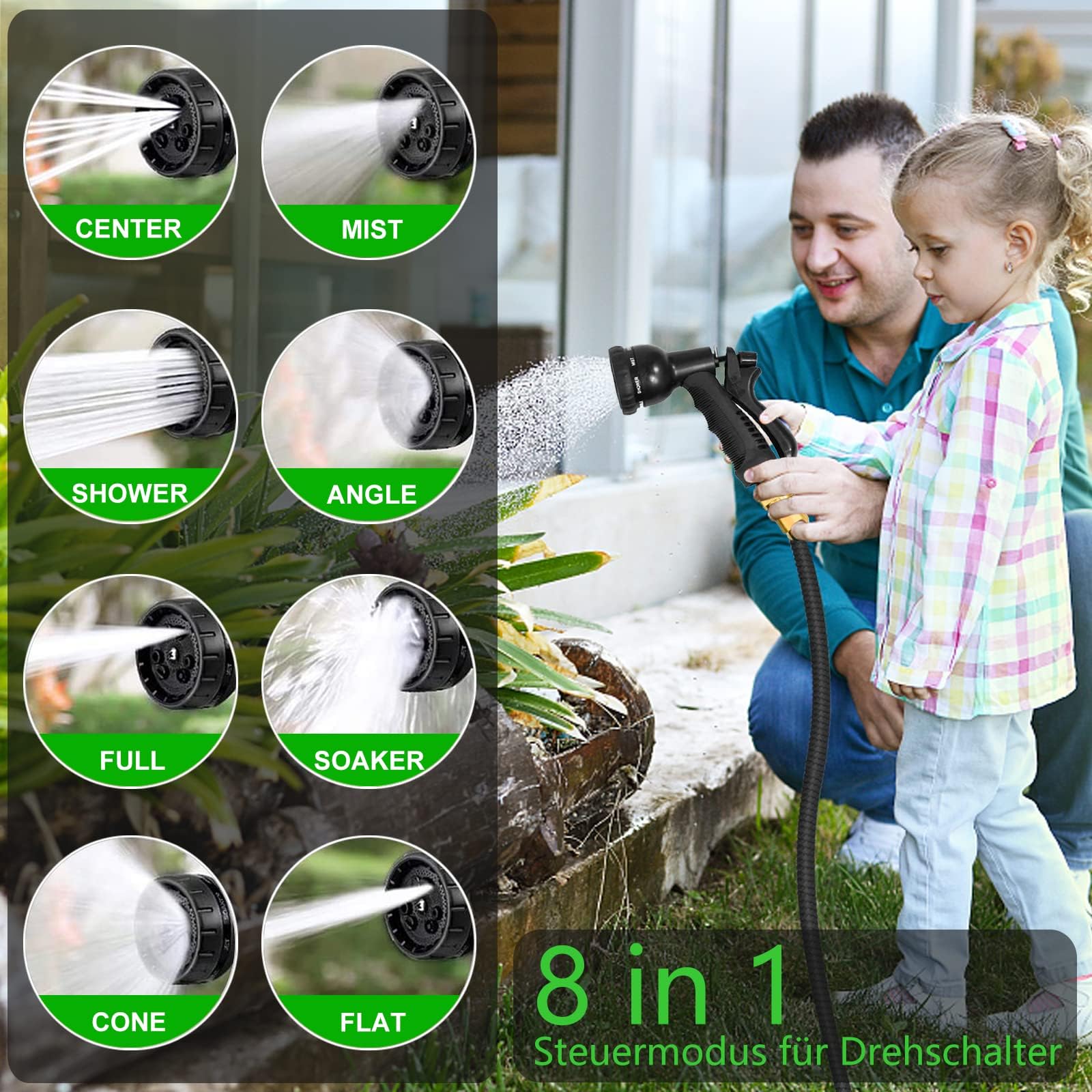 15M/50FT Flexibler Gartenschlauch, Wasserschlauch Dehnbar mit 8 Modi Wassersprühpistole, Adapter für 1/2' 3/4' Zoll und Wandhalterung, Schlauch Flexibel Bewässerung für den Außenbereich - 3