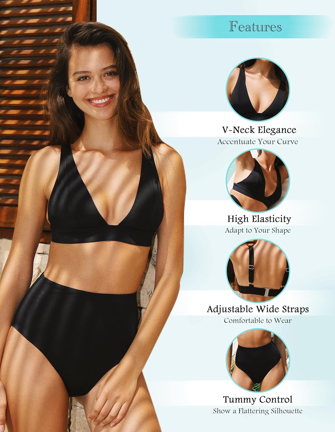 Bikini Set for Women Tummy Control Two Pieces V Neck Bathing Suit High Waisted Swimwear - Image 5