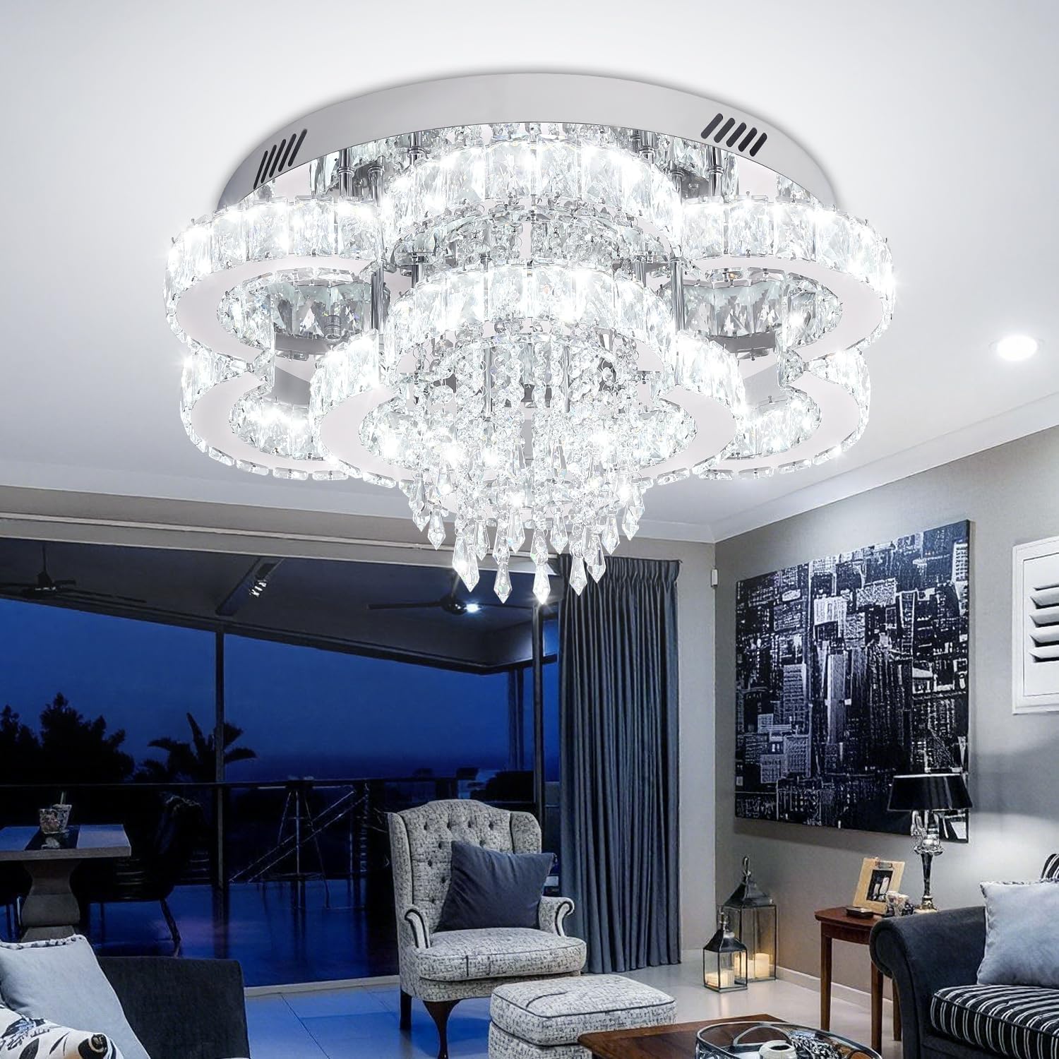 24" Round K9 Crystal Flush Mount Chandelier, Modern Crystal Ceiling Light Fixture, Silver Finish Metal for Living Room, Dining Room, Foyer, Entryway, Hallway
