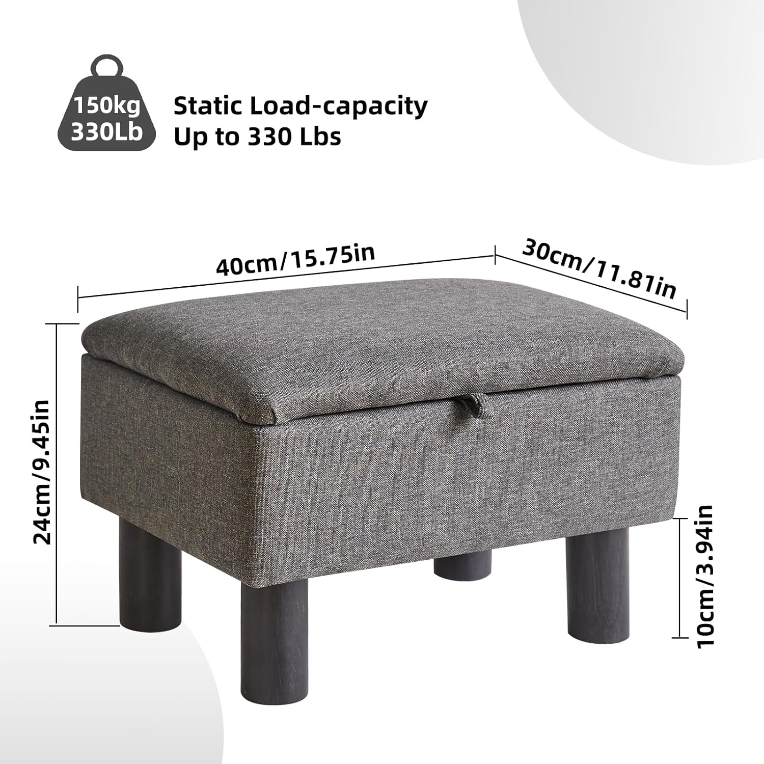 Linen Small Ottoman Foot Rest, Foot Stools with Storage Small, Upholstered Rectangle Wood Ottoman with Safety Hinge Flip Top, Bed Stool for Bedroom Dorm Light Gray YD-JD1364