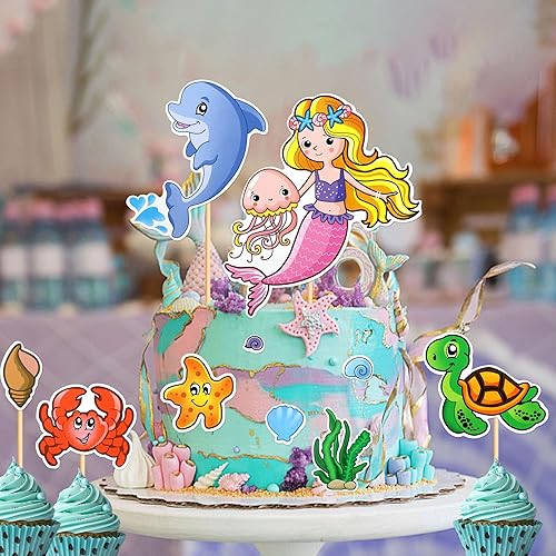 Miniatura 5 de Ercadio 9 piezas de decoración para tartas con temática de sirena, con purpurina, para cumpleaños, para tartas, algas marinas, cola de sirena,