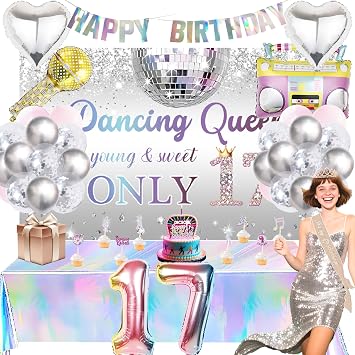 Dancing Queen Decoration, Happy Birthday Banner, Tiara and Sash, 50 Mixed Latex Balloons, Heart and Radio Shaped Balloon, Disco Tablecloth for 17 Birthday Party Decors Supplies
