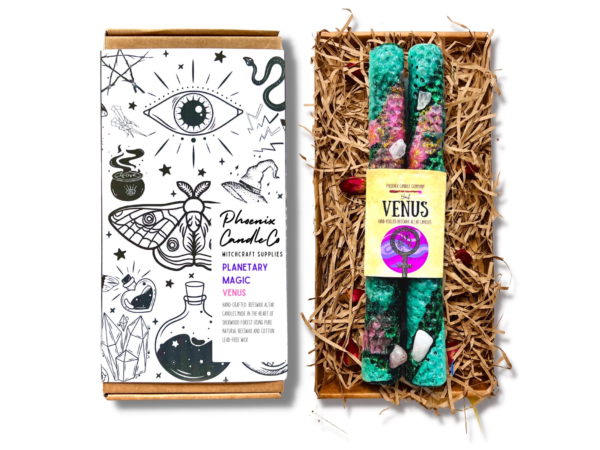 Pair of 8" (20cm) Dressed Planetary Magic Altar Candles | Beeswax | Moon | Mercury | Jupiter | Saturn | Sun | Venus | Mars | Universe (Venus)