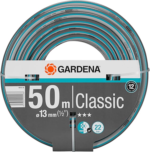 Gardena Gardena Classic Schlauch 13 mm (1/2 Zoll), 50 m ohne systemteile: Universeller Gartenschlauch aus robustem Kreuzgewebe, 22 bar Berstdruck, druck- und UV-beständig (18010-20), grau/blau — Schläuche