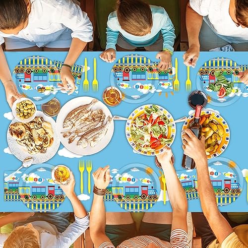 Miniatura 4 de gisgfim Suministros para fiesta de cumpleaños de tren, vajilla temática de tren, incluye platos de fiesta de tren, servilletas, tenedor y mantel