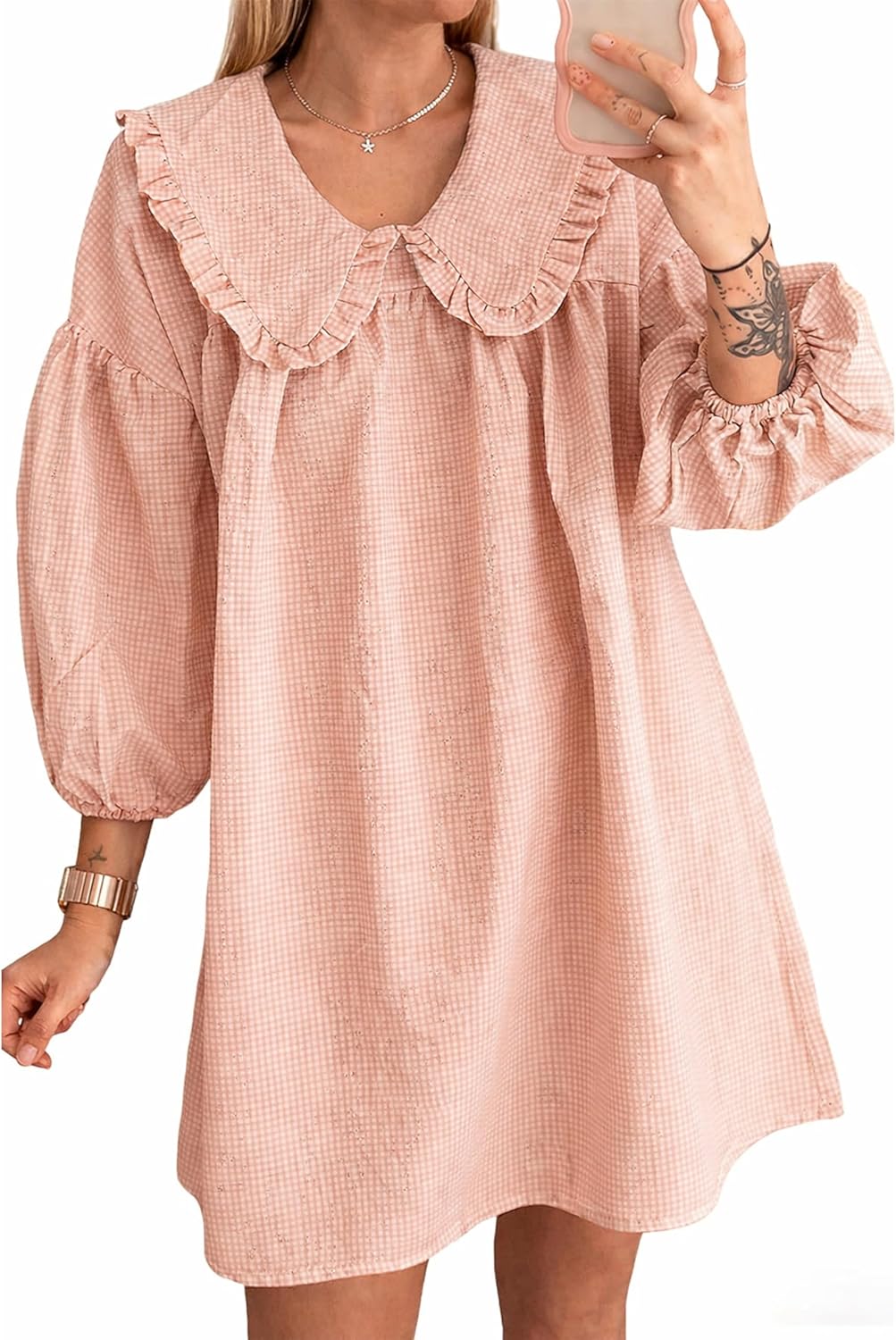 2026 Women's Babydoll 3/4 Puff Sleeve Plaid Mini Dress Lapel Doll Collar Loose Y2k Dress