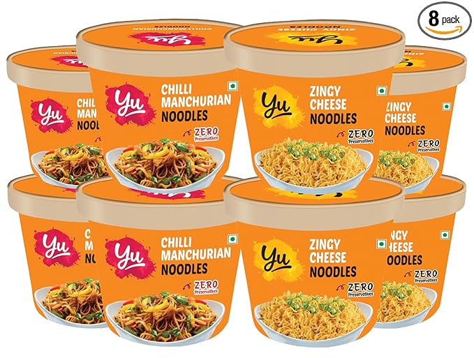 Yu Foodlabs Cup Noodles - 4 Zingy Cheese + 4 Chilli Manchurian - Saucy Noodles - Combo Pack of 8 - Instant Food - No Preservatives - 100% Natural & Veg - Ready to Eat Instant Noodles - 1800g