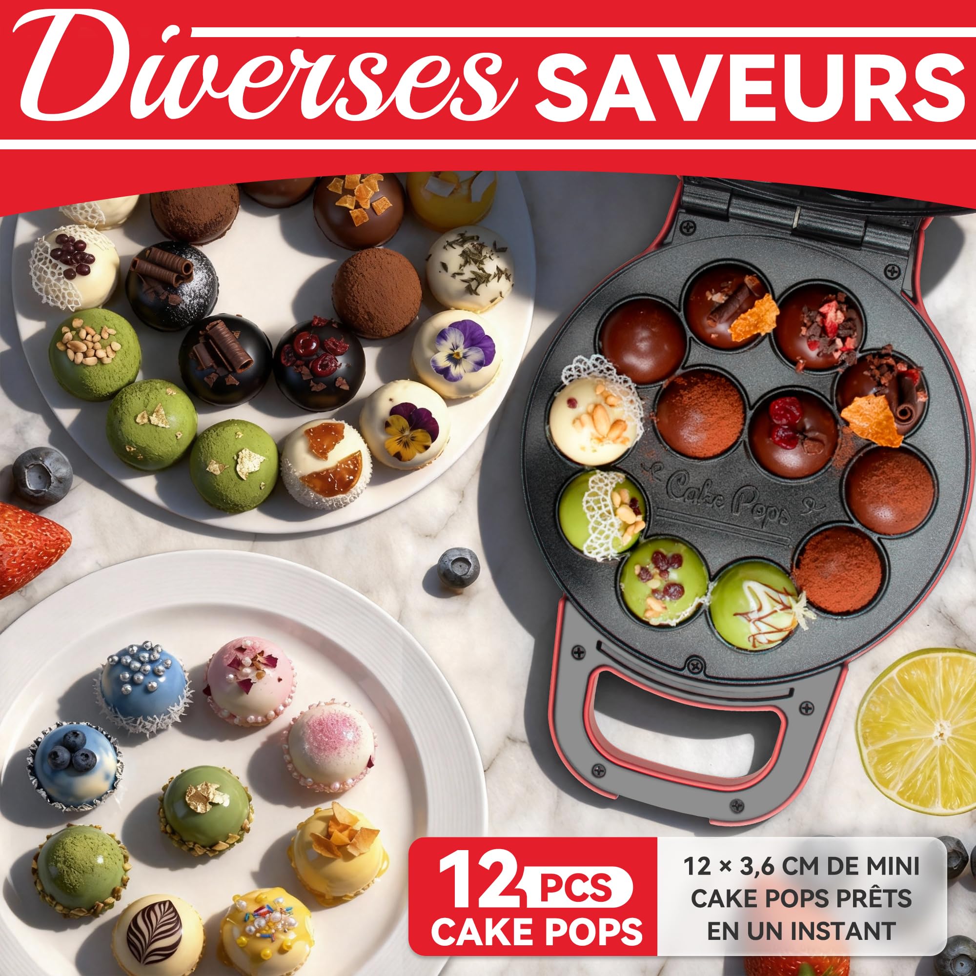 SugarWhisk Machine à Cake Pops Flip - Faites 12 cake pops d'un diamètre de 1,4 cm, avec revêtement en céramique, recette et pinceau compris dans la livraison, rouge