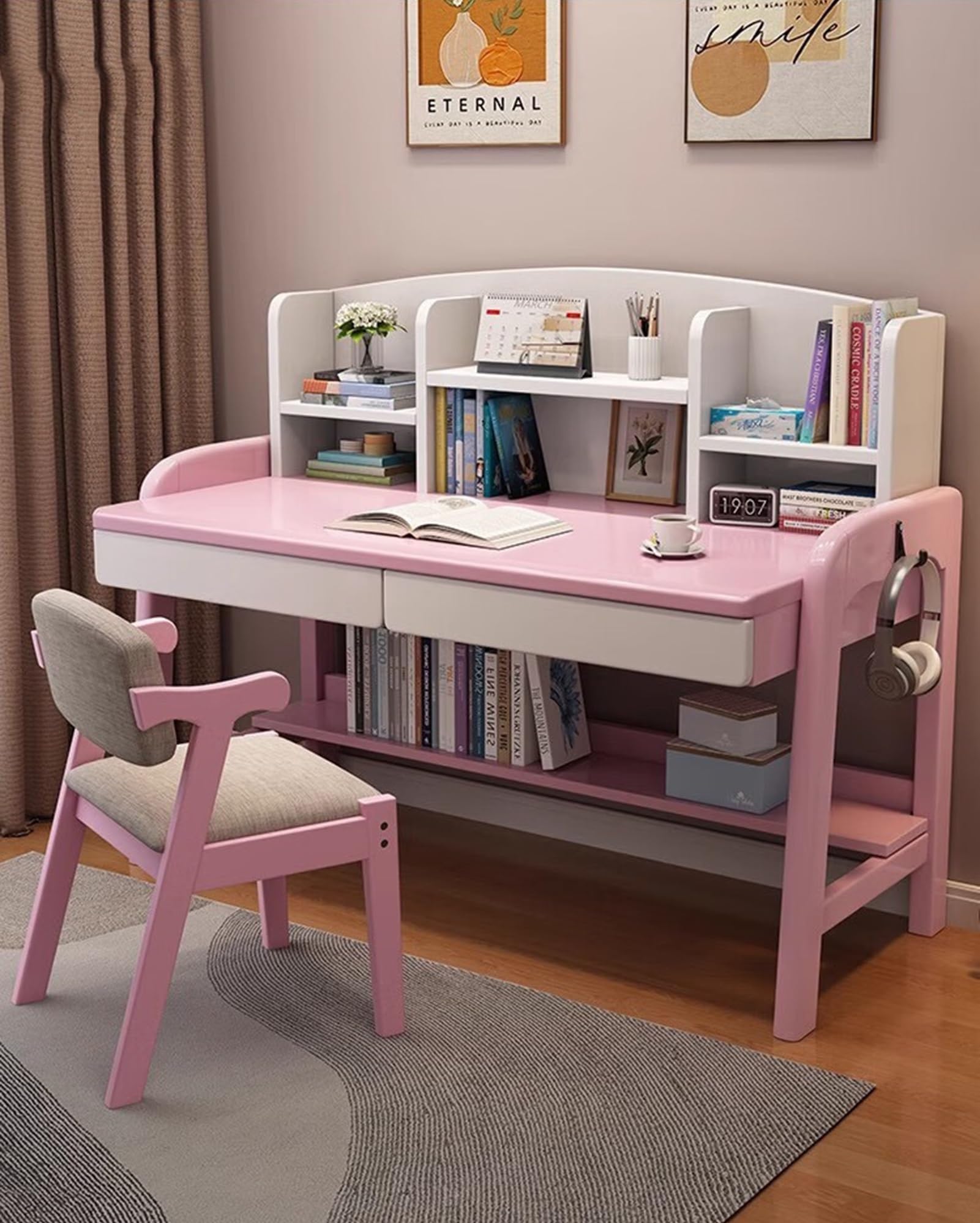 Solid Wood Desk Kids Desks with Drawers and Bookshelf, Height-Adjustable Desk Suit for All Ages, Learning Computer Workstation Writing Desk with Hooks, Study Home Office Desk ( Color : Pink without ch