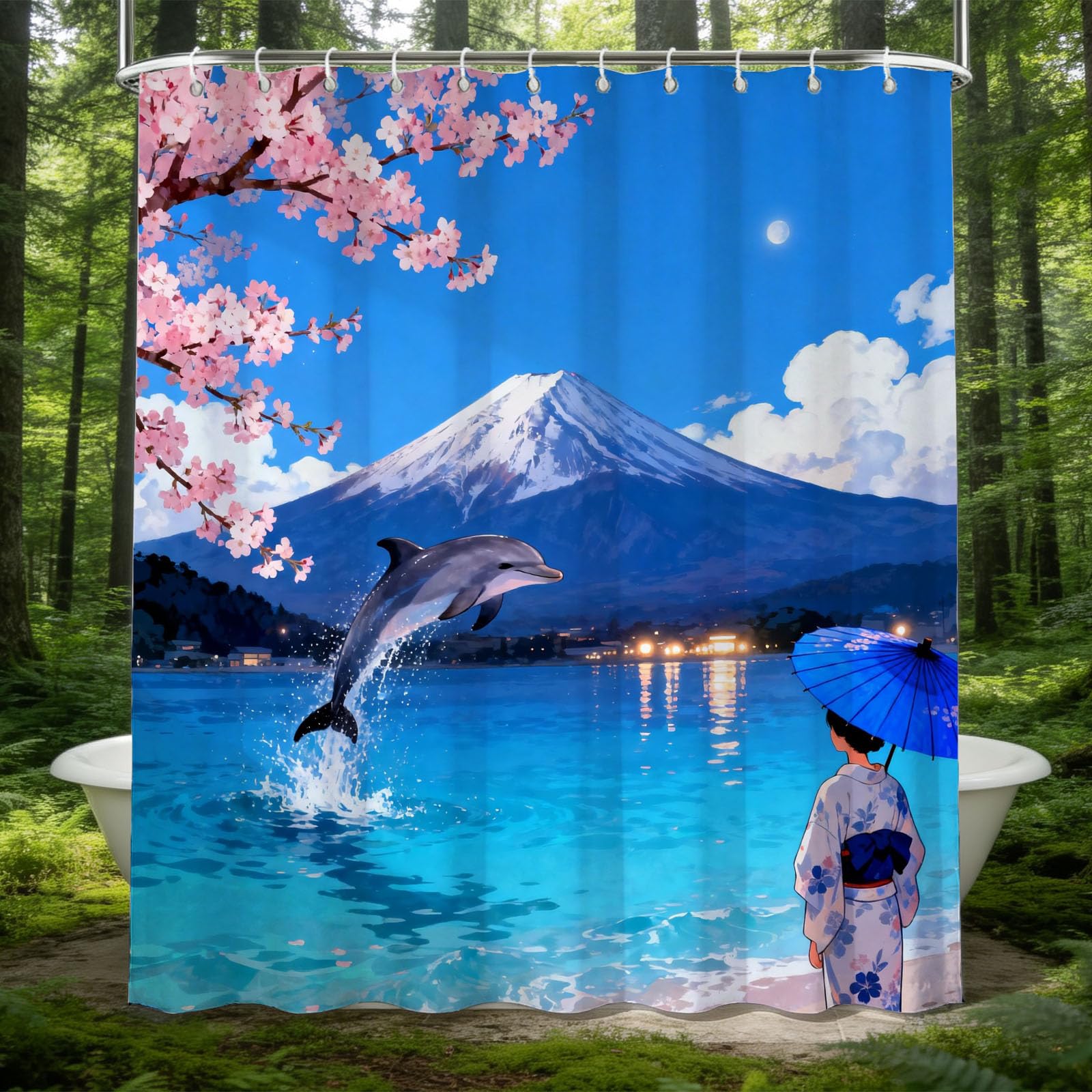Rideau de douche textile style kimono japonais avec anneaux inclus