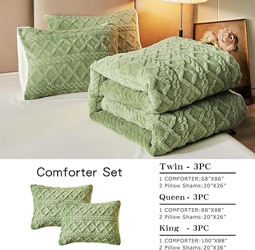 Miniatura 6 de Joyreap Juego de edredón de 3 piezas de sherpa de pelo sintético esponjoso de color verde, juego de edredón de lujo tamaño individual, ultra suave y