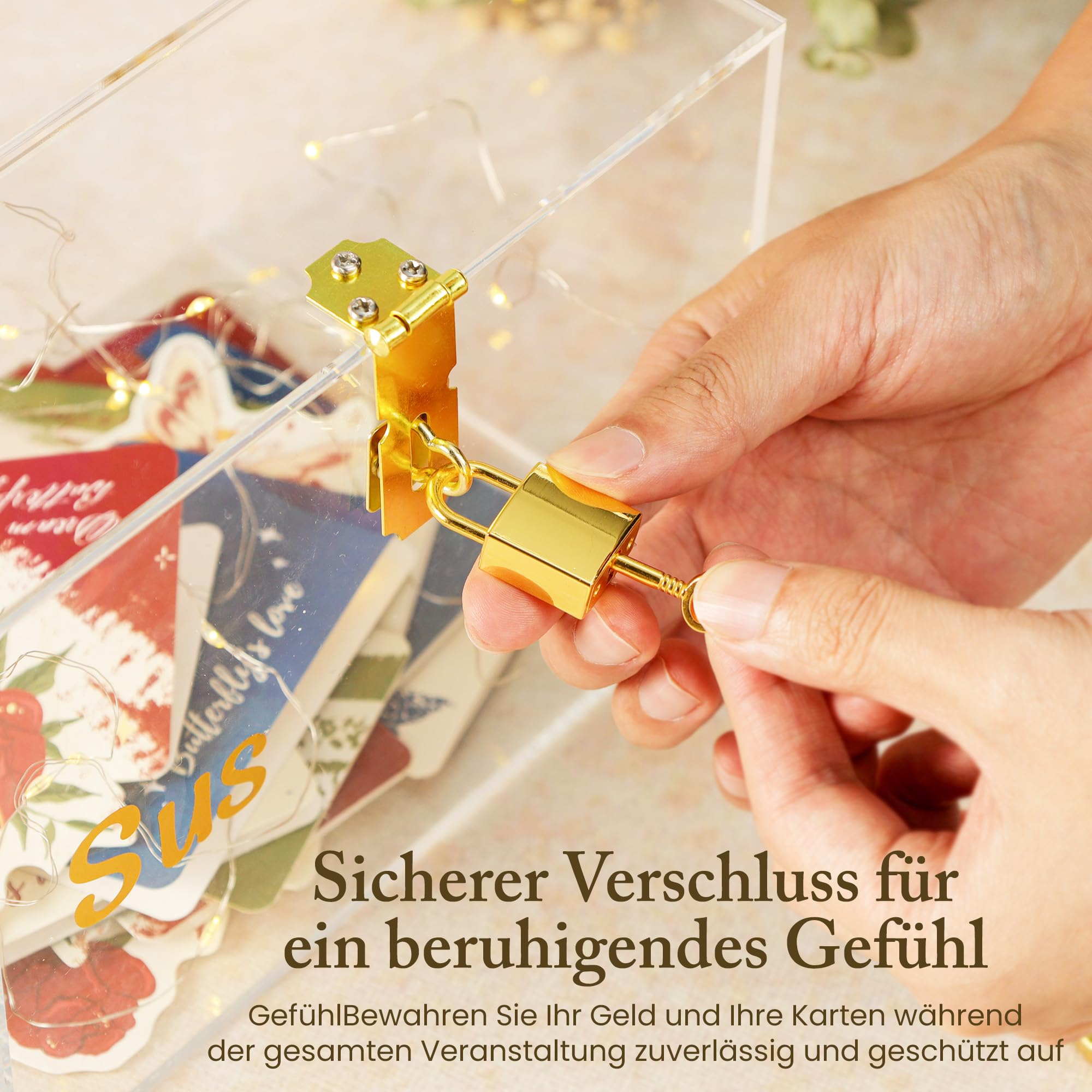 StarK Kartenbox Hochzeit – Elegante Acrylbox mit Schloss | Personalisierbar mit goldenen Buchstabenstickern inkl. Pinzette | Für Karten & Geldgeschenke, Geschenkbox Hochzeit