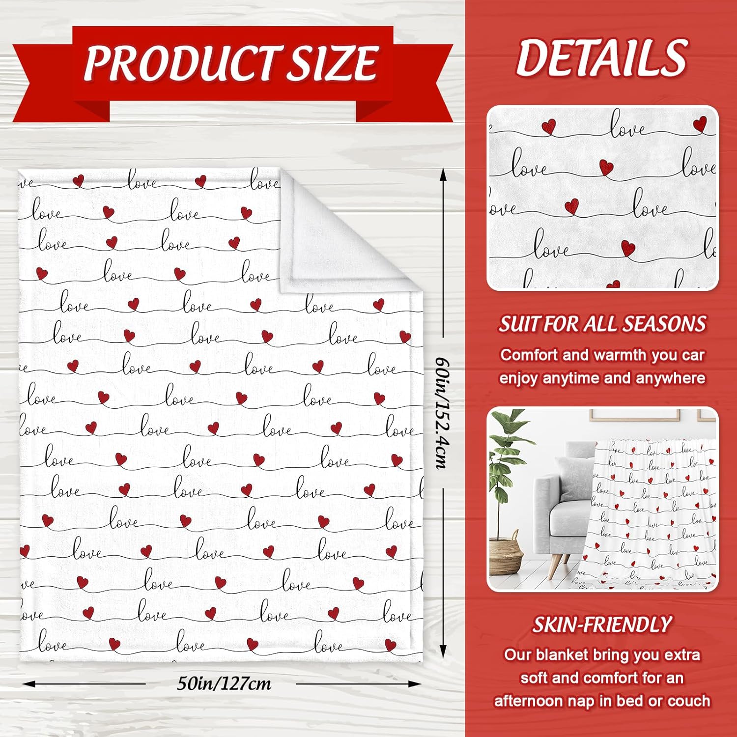 JarThenaAMCS Valentine Throw Blanket Love Hearts Fuzzy Blanket 50 x 60 Inch Romantic Romance Sweet Flannel Blanket for Home Chair Sofa Bed Couch - Image 3